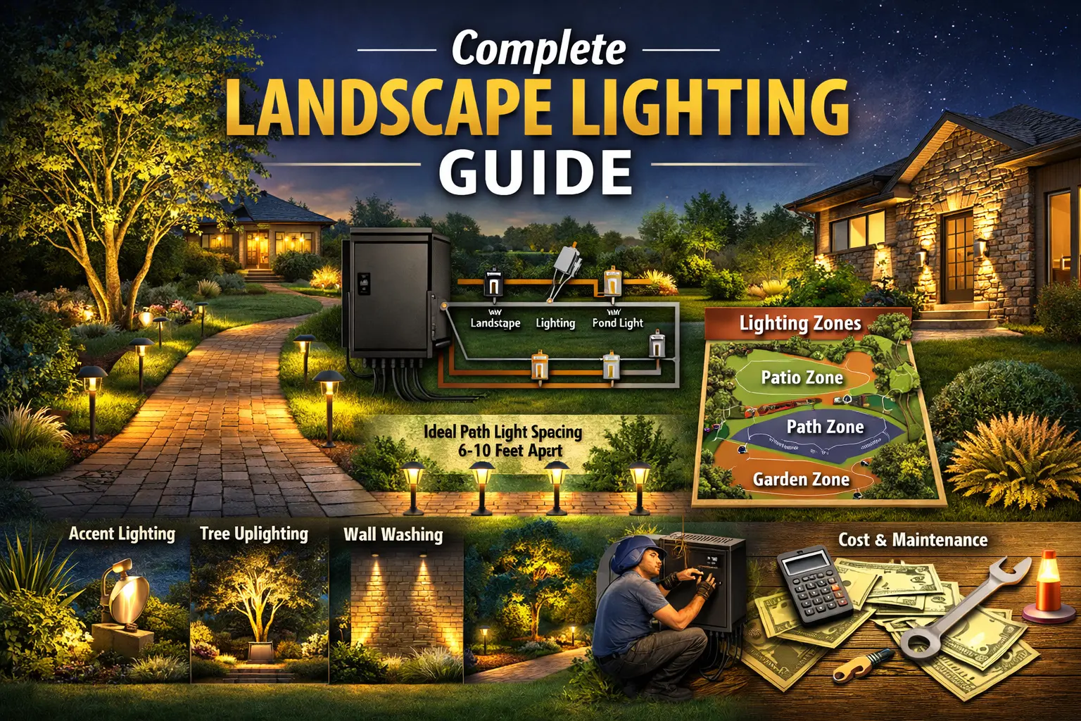 Portfolio landscape lighting illuminating a front walkway and garden