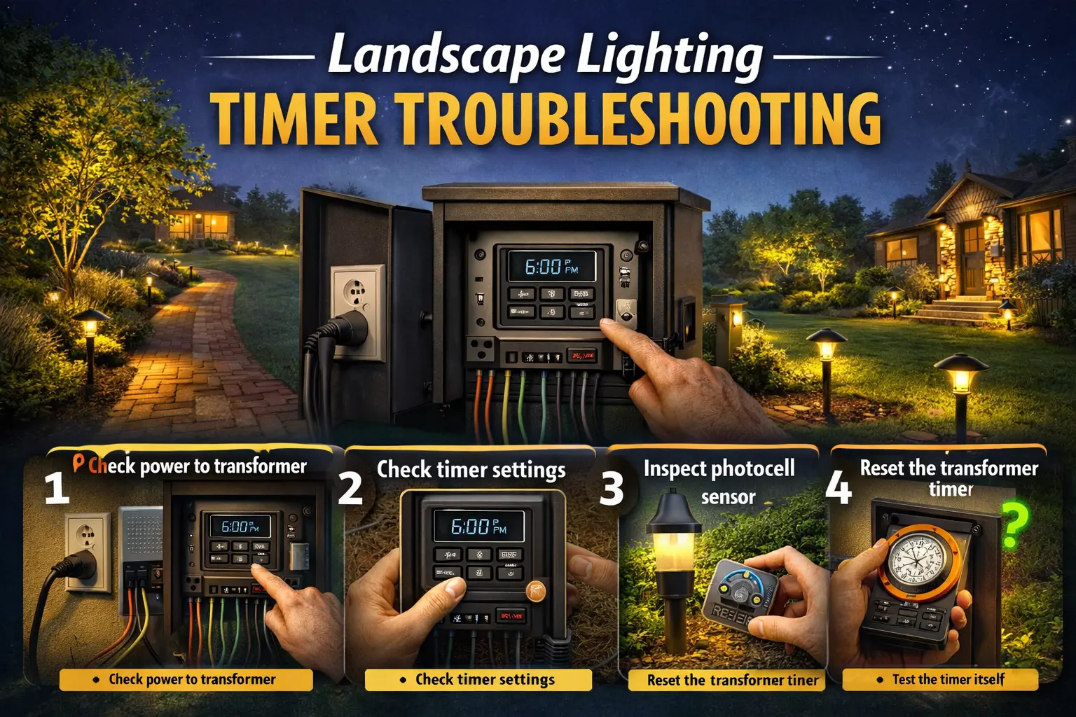 Wide landscape lighting timer troubleshooting image showing outdoor transformer timer, schedule settings, photocell, and low voltage landscape lights