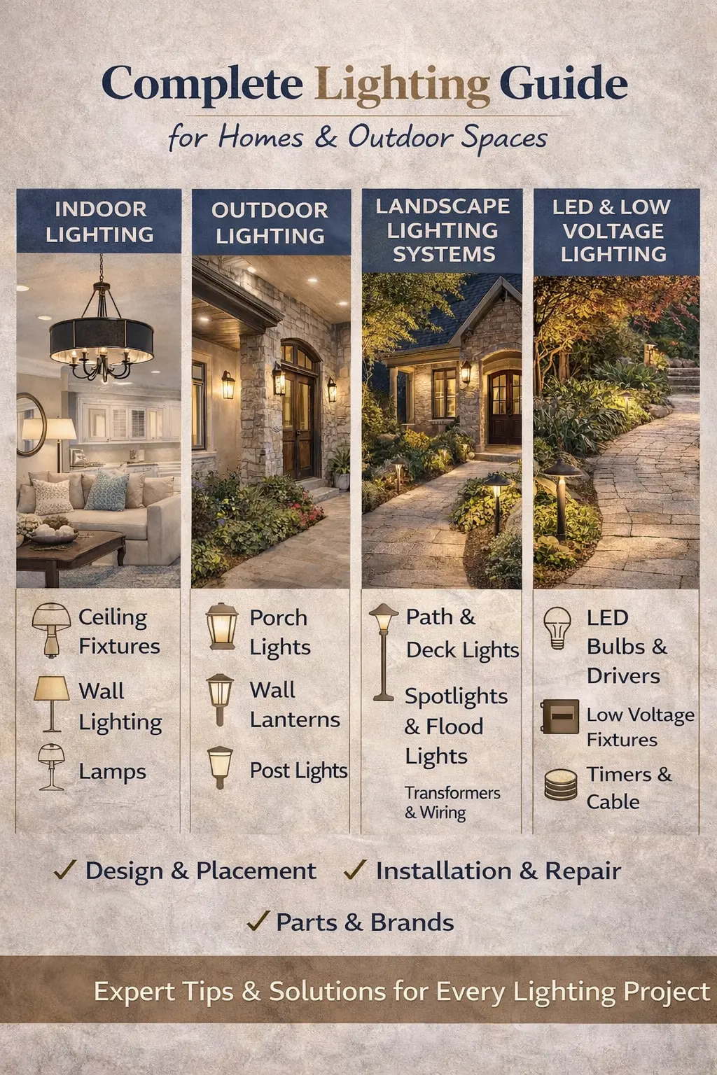 Home lighting guide showing indoor lighting fixtures, outdoor lighting, and landscape lighting systems