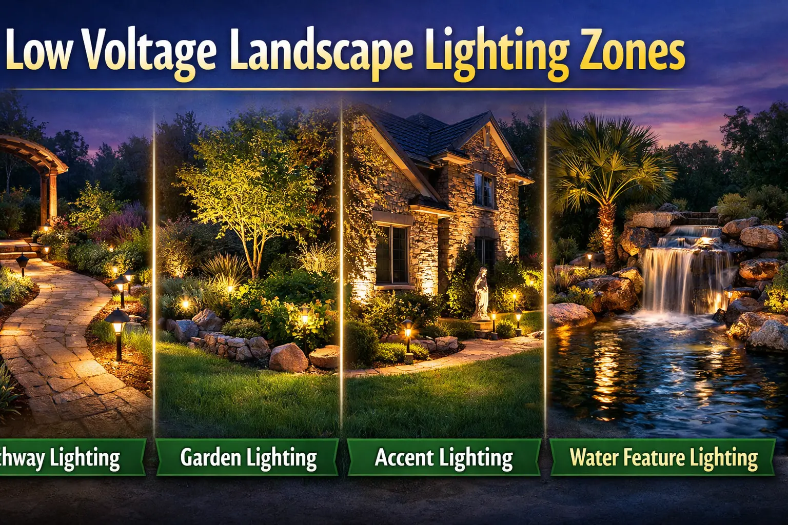 Low voltage landscape lighting zones diagram for front yard, driveway, garden beds, patio, and tree uplighting runs