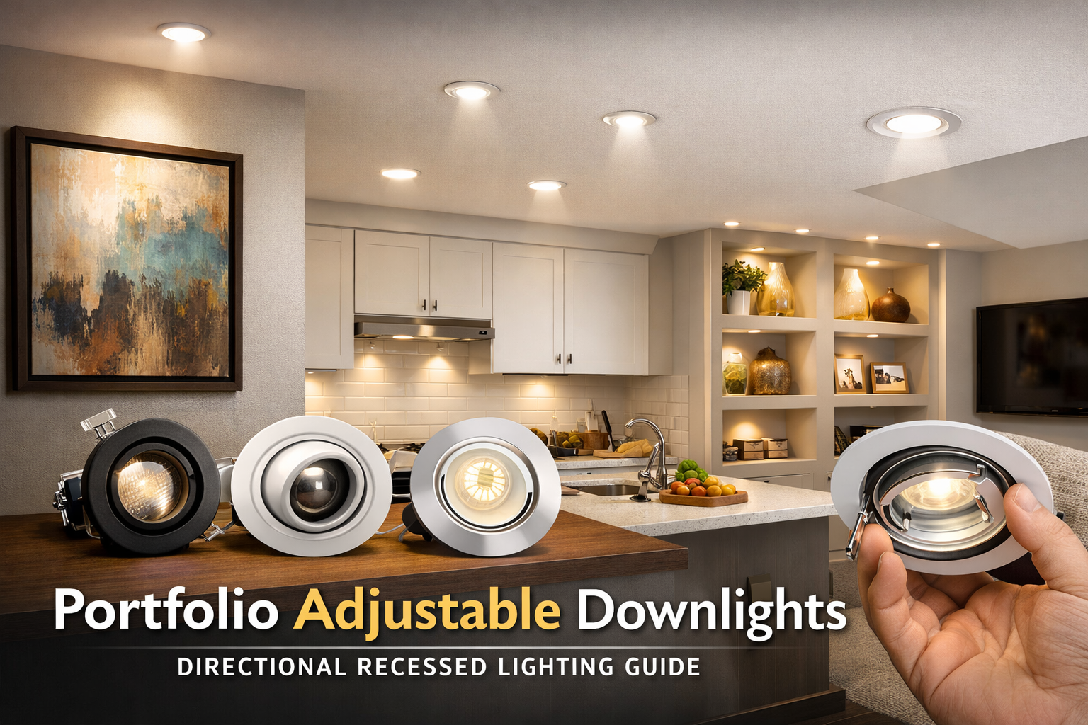 Portfolio adjustable downlights installed in a ceiling directing light toward artwork and a kitchen work area