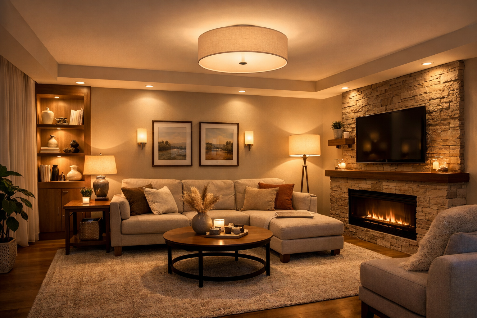 Portfolio ambient lighting in a comfortable indoor room with balanced soft light, layered fixtures, and warm everyday illumination