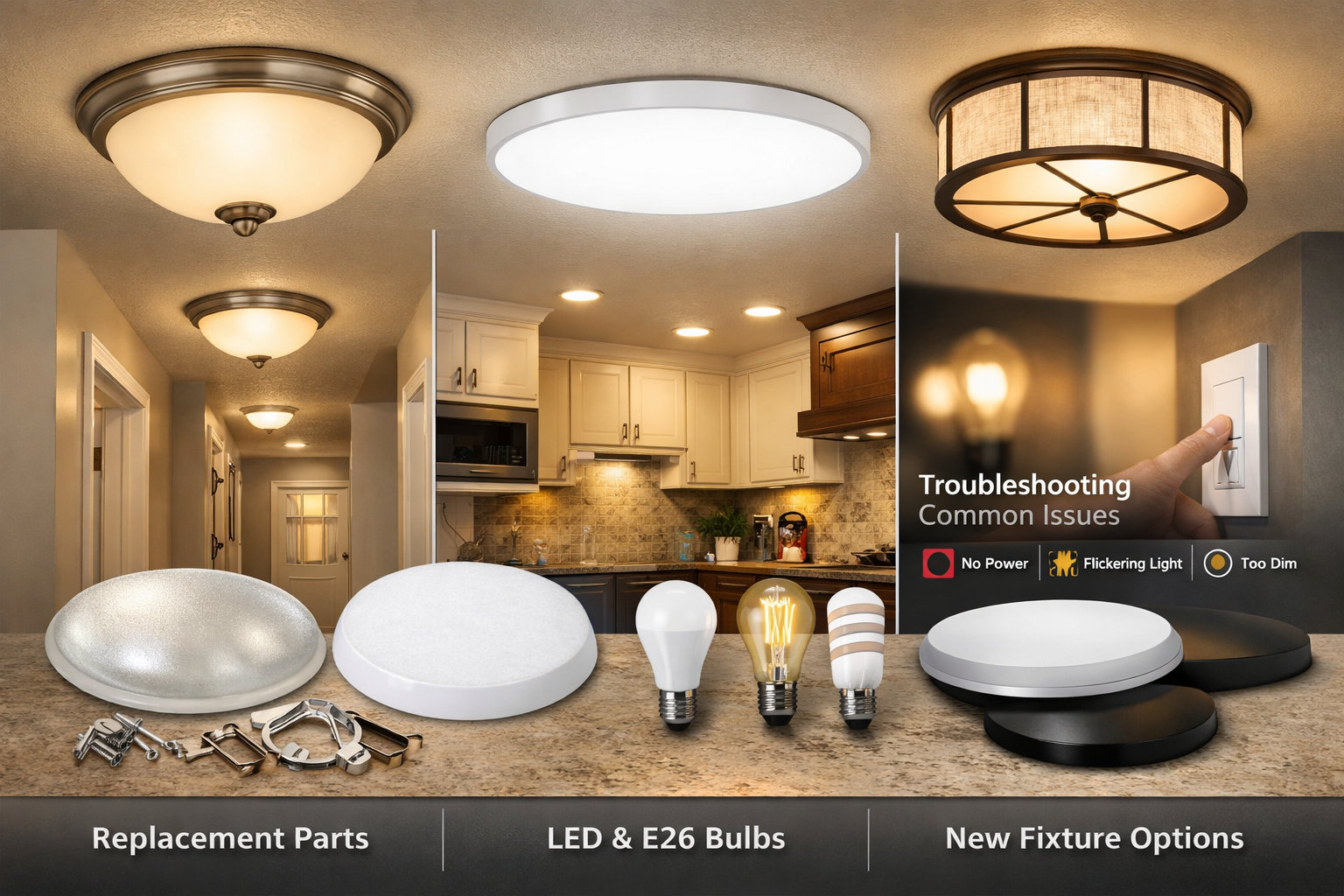 Portfolio flush mount lighting fixture on a ceiling in a hallway with low profile glass and metal trim