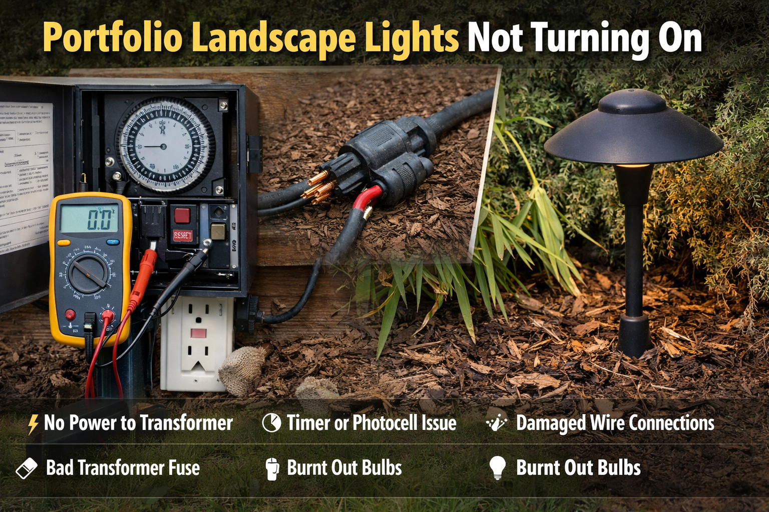 Portfolio landscape lights not turning on with outdoor transformer, low voltage cable, and dark path lights at dusk