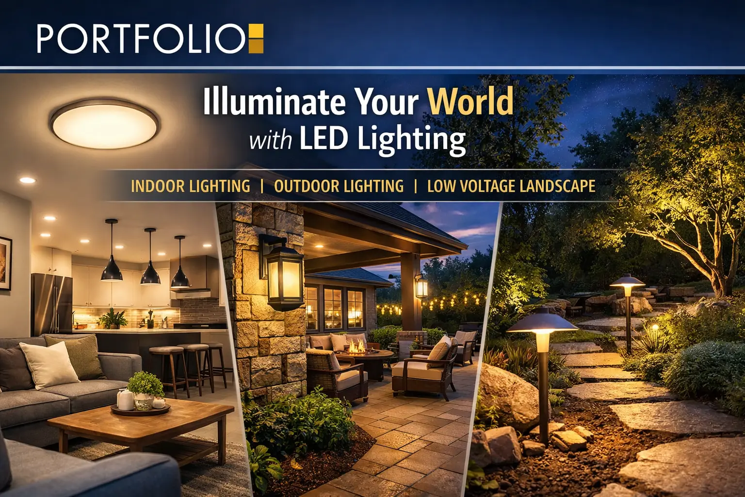 Portfolio LED lighting fixtures for indoor rooms, outdoor spaces, and low voltage landscape systems
