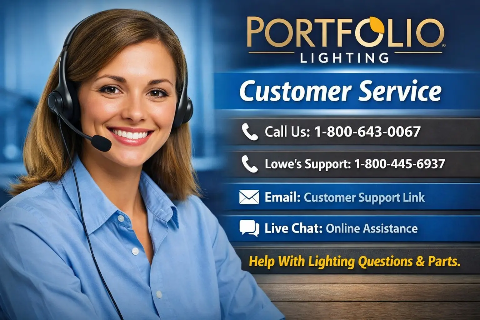 Portfolio lighting customer service contact page with phone number, replacement parts help, Lowe's support, rep, and troubleshooting resources