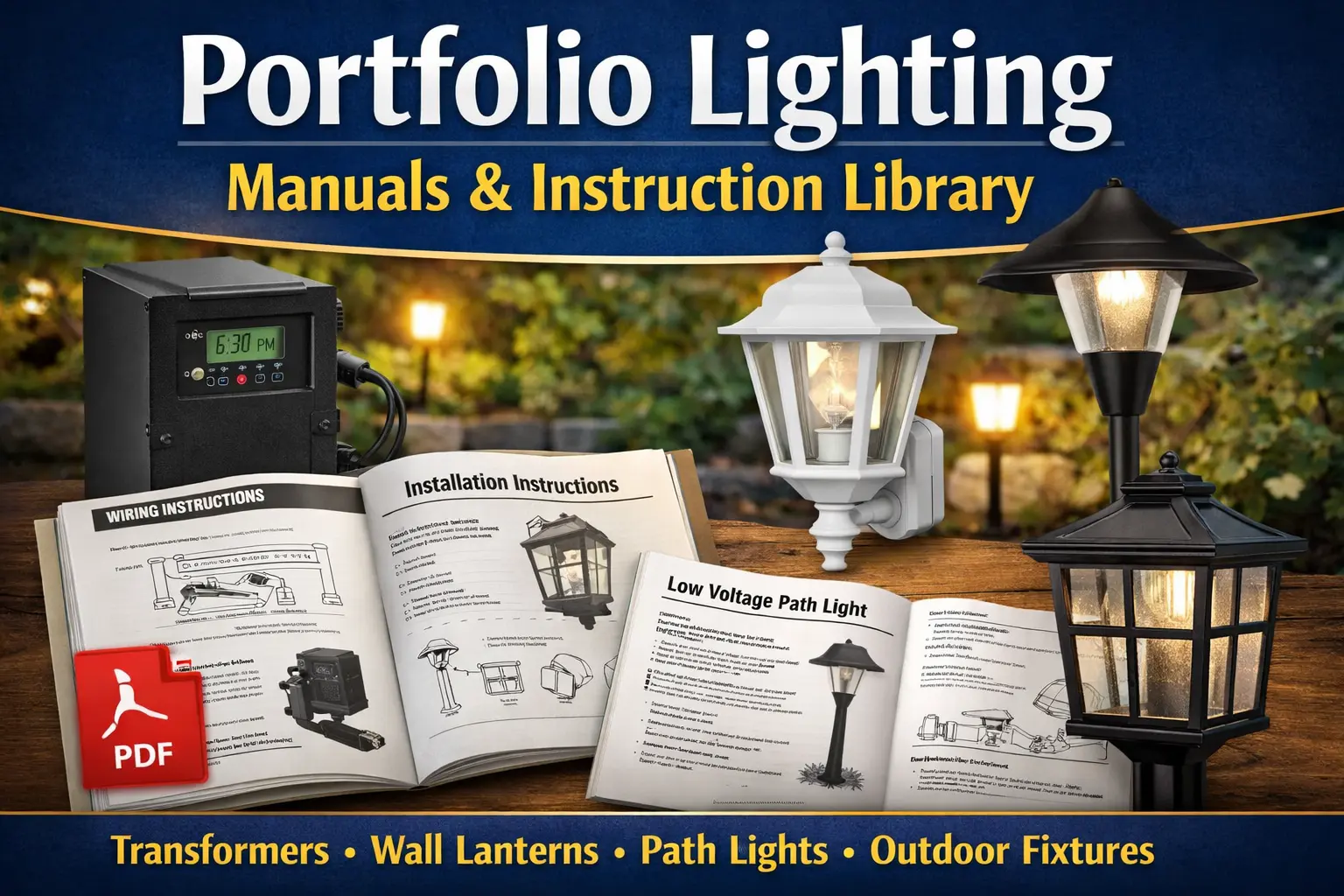 Portfolio lighting manuals and PDF instruction library for transformers, wall lanterns, path lights, and outdoor fixtures