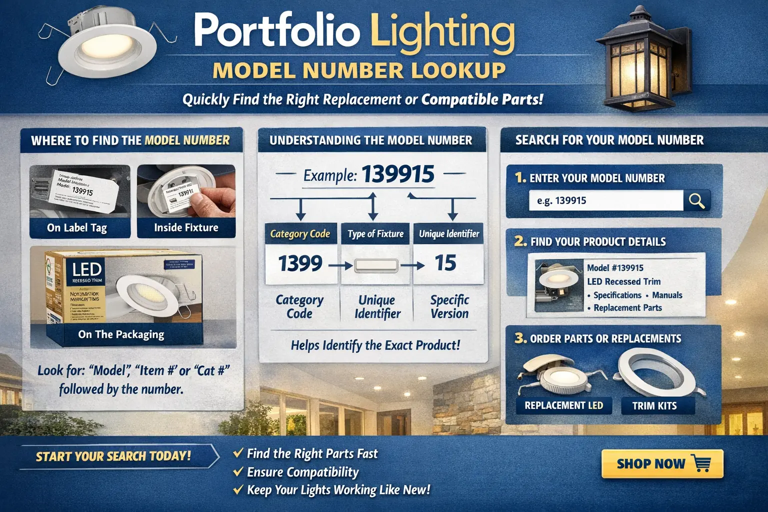 Portfolio lighting model number lookup for transformers, path lights, wall lanterns, deck lights, landscape kits, and replacement parts