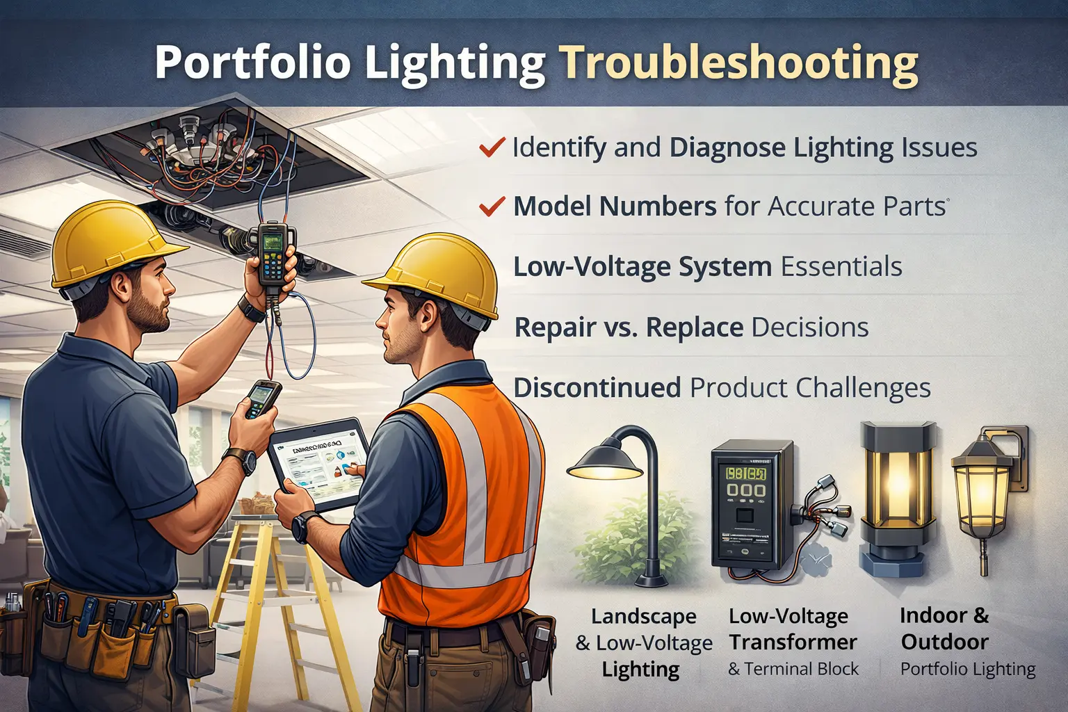 Portfolio lighting troubleshooting guide showing transformers, landscape lights, replacement parts, and repair diagnostics
