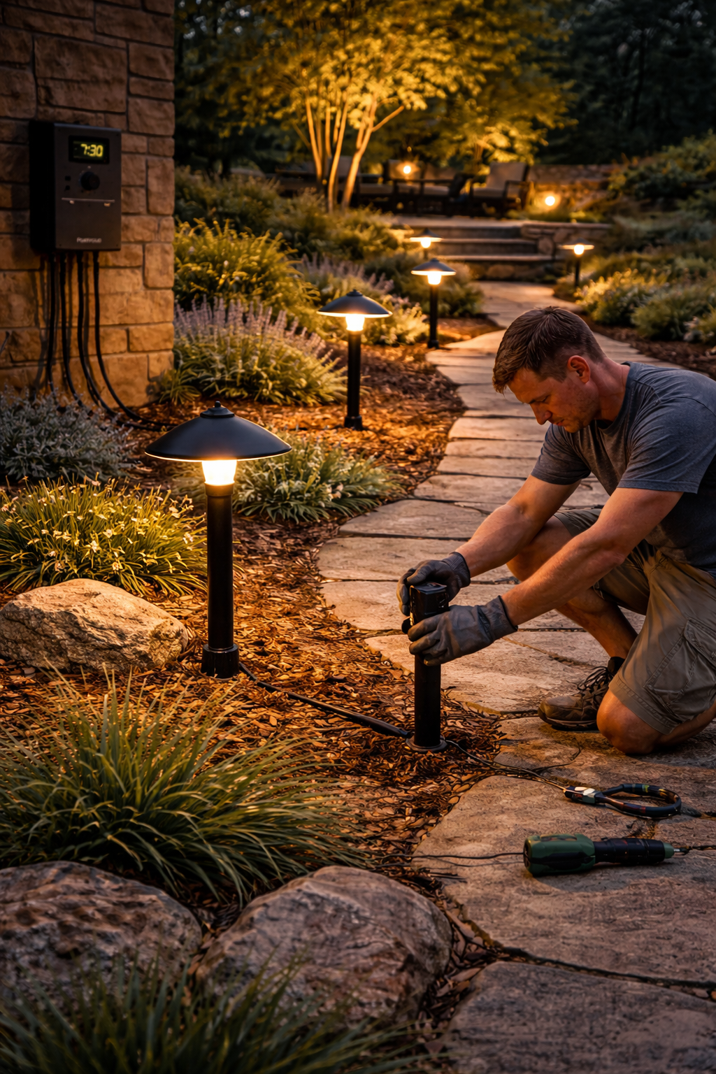 Portfolio outdoor lighting installation around walkway