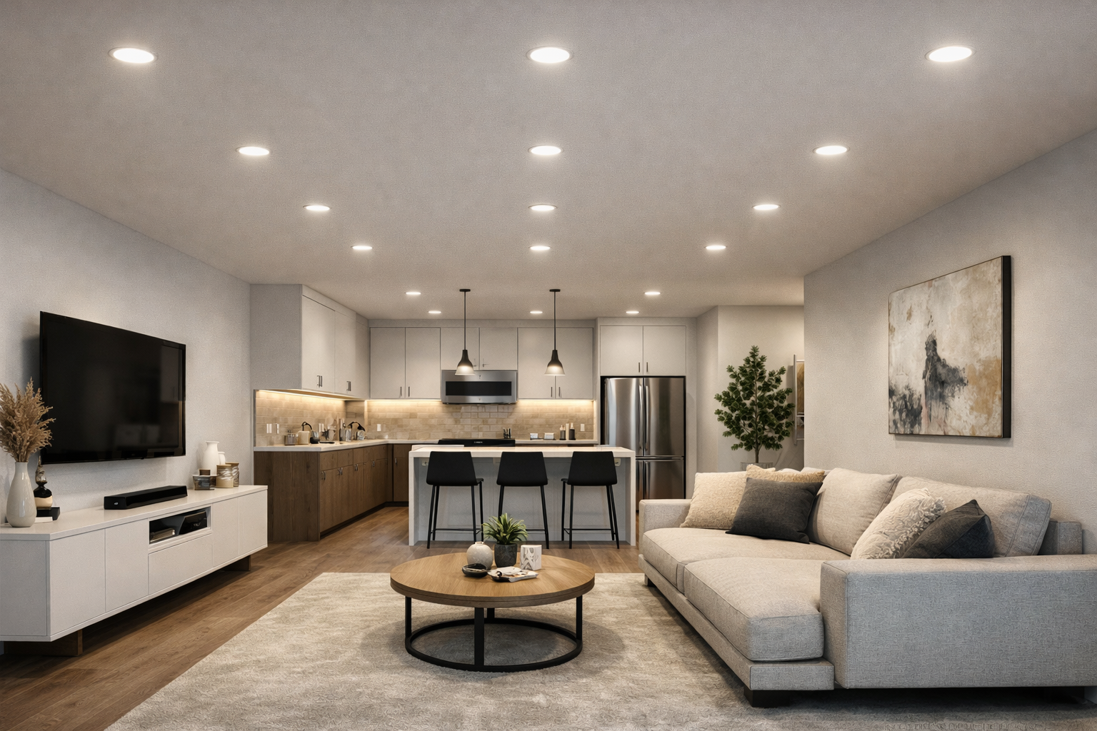 Portfolio recessed lighting installed in a ceiling for clean modern room lighting and practical downlight coverage