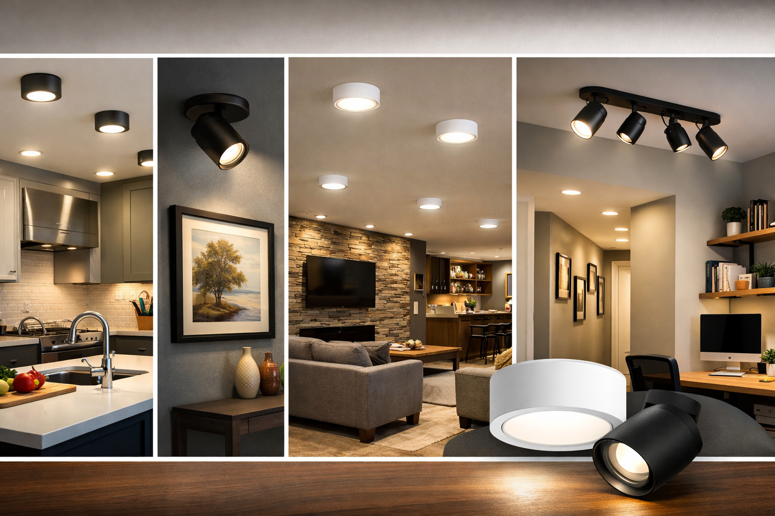 Portfolio surface mounted downlighting fixture installed on a ceiling in a modern basement and hallway setting