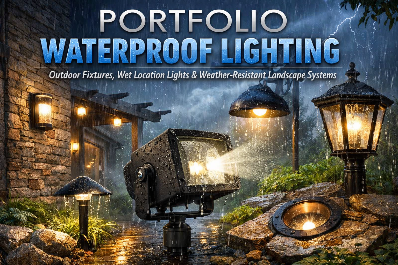 Portfolio waterproof lighting for outdoor fixtures, wet location lights, and weather-resistant landscape systems