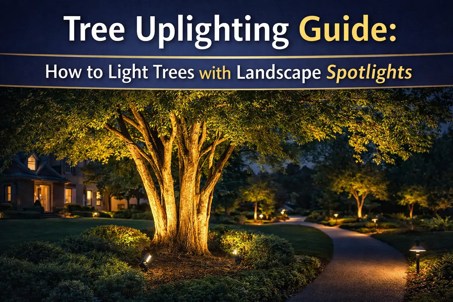 Landscape lighting uplighting a large tree from ground spotlight