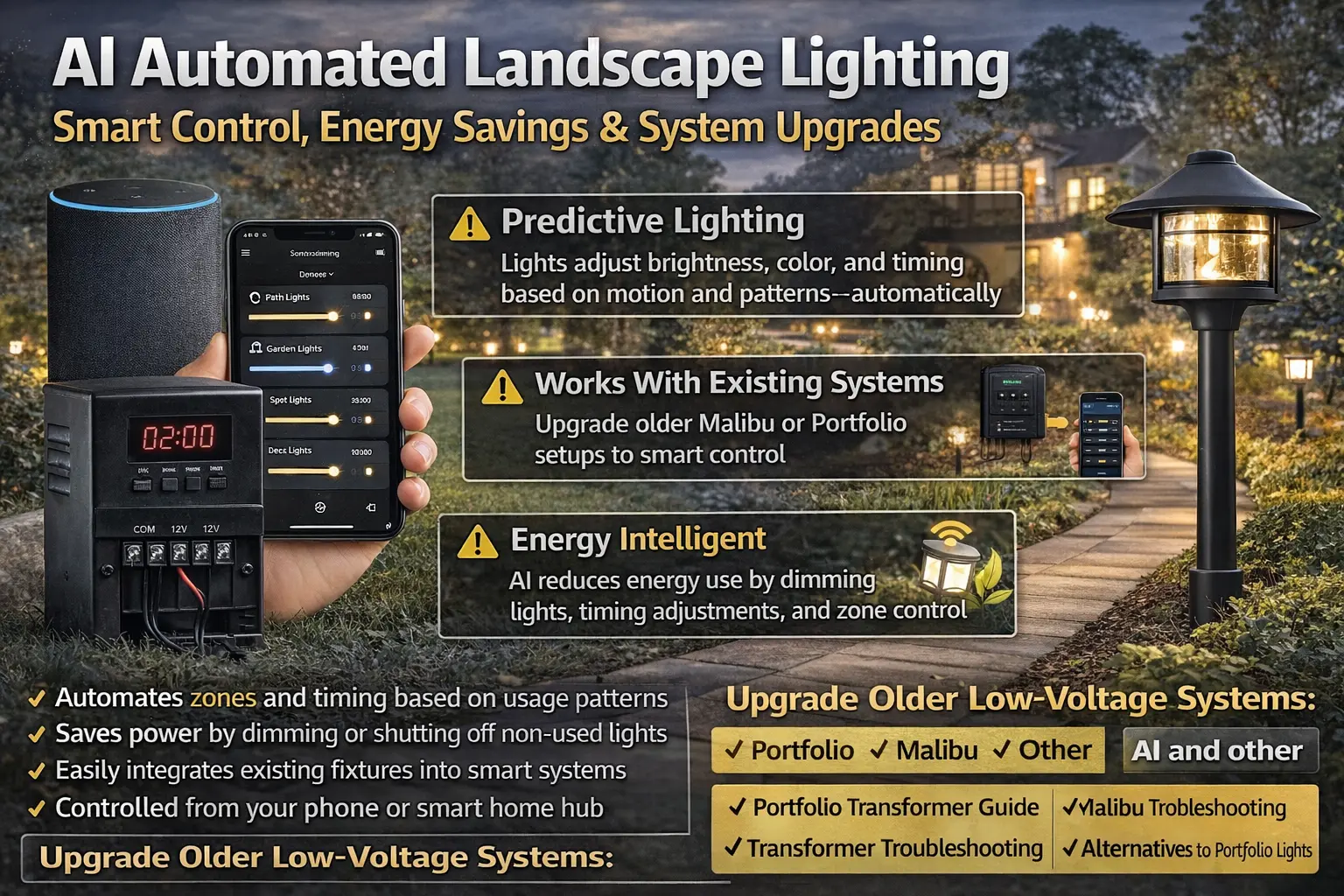 AI automated landscape lighting system with smart zone control and predictive outdoor lighting
