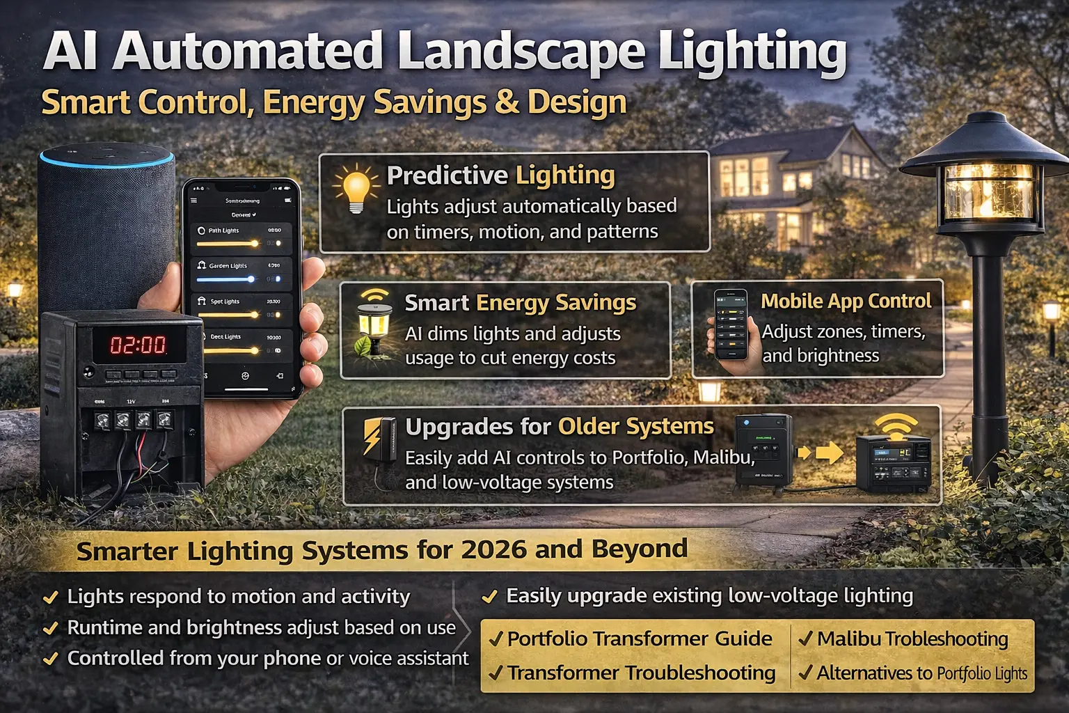 AI-driven automated outdoor lighting system with smart path lights, app controls, motion automation, and modern landscape lighting design