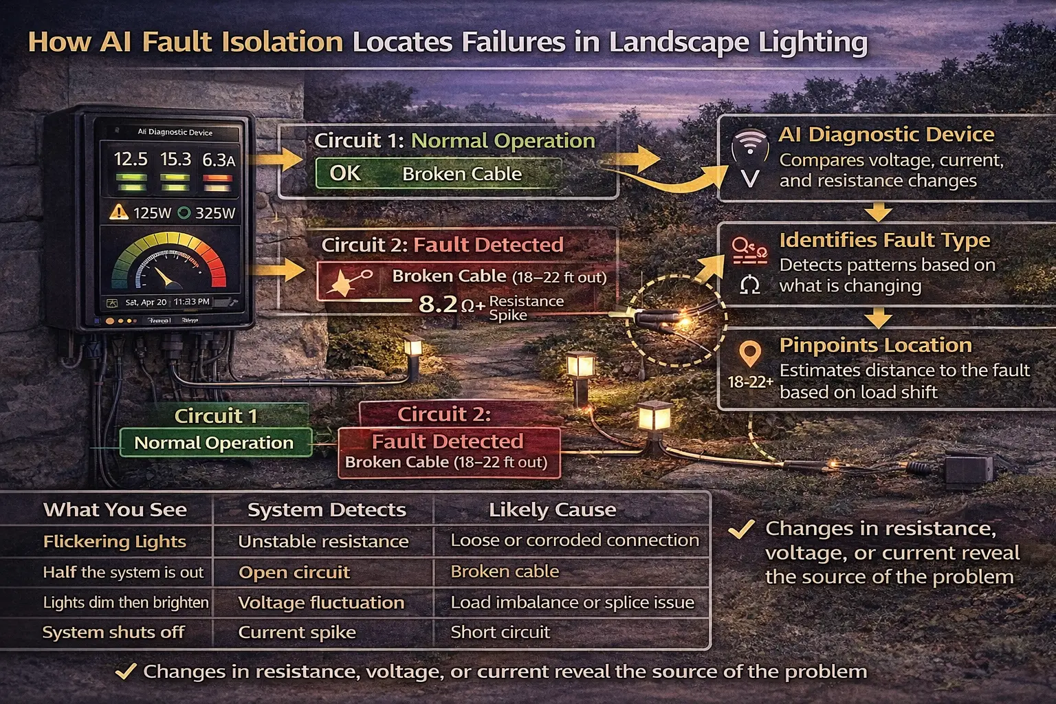 AI fault isolation dashboard for landscape lighting showing electrical fault detection and zone isolation