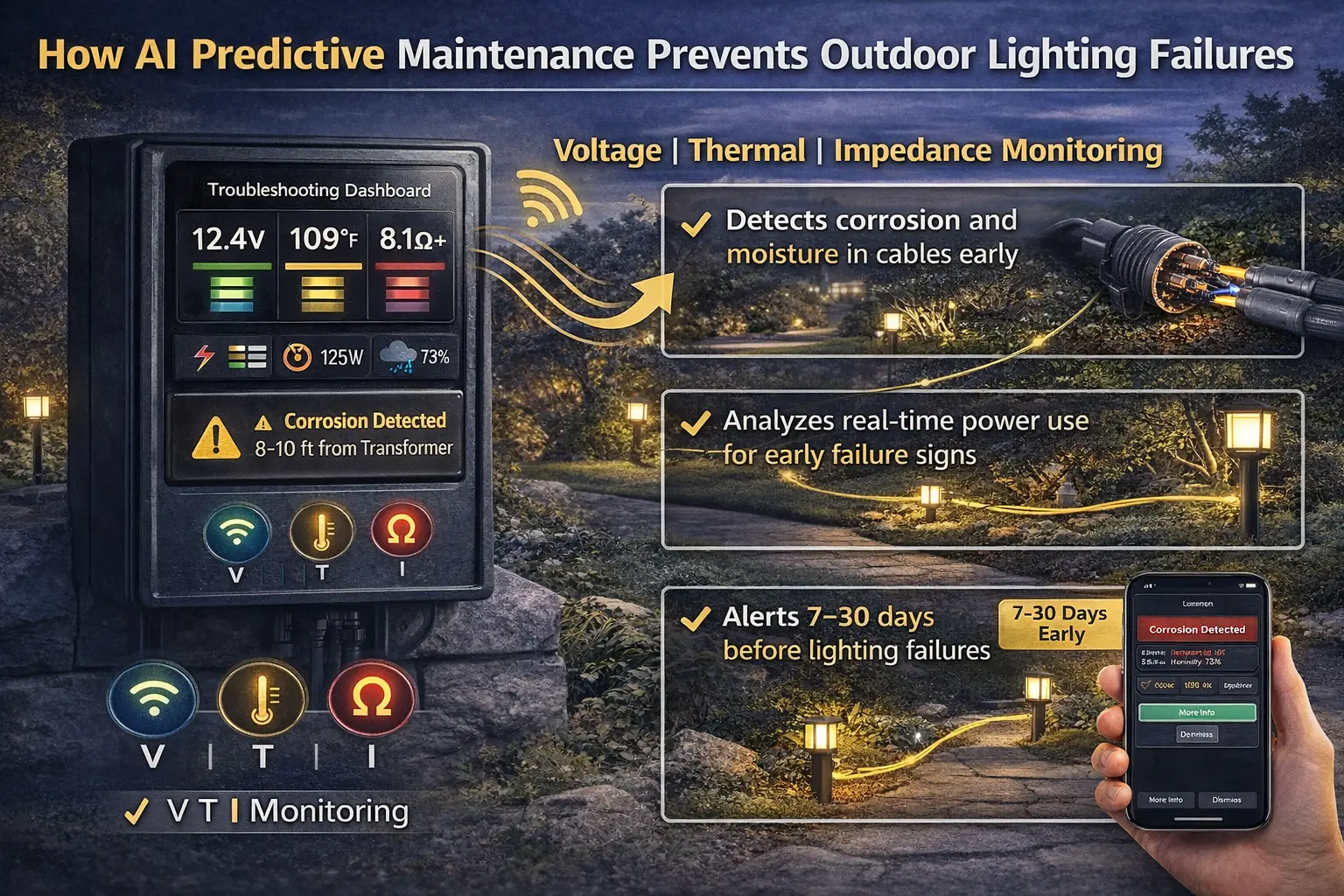 AI predictive maintenance dashboard for outdoor lighting showing voltage thermal and impedance monitoring