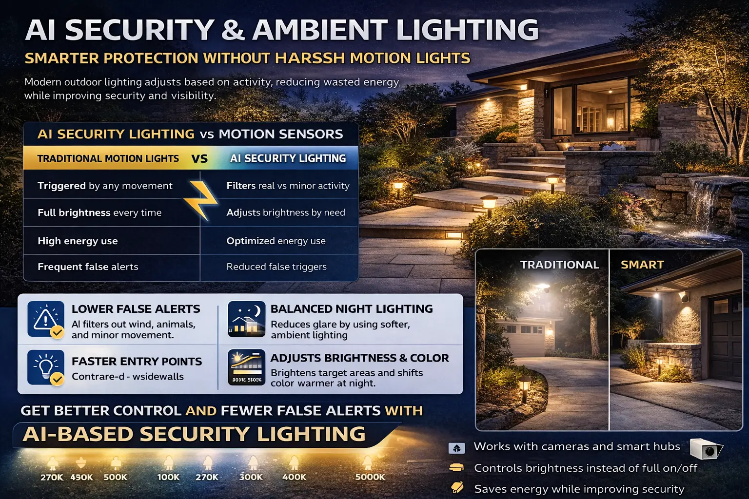AI security and ambient outdoor lighting with soft baseline glow and brighter entry-zone response at night