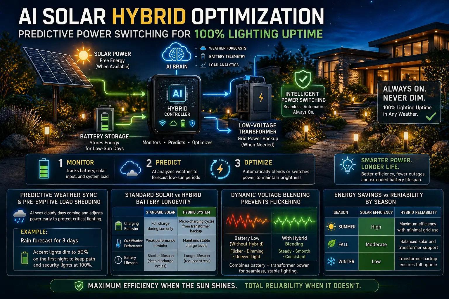 AI solar hybrid optimization dashboard showing battery telemetry and solar-to-transformer power switching