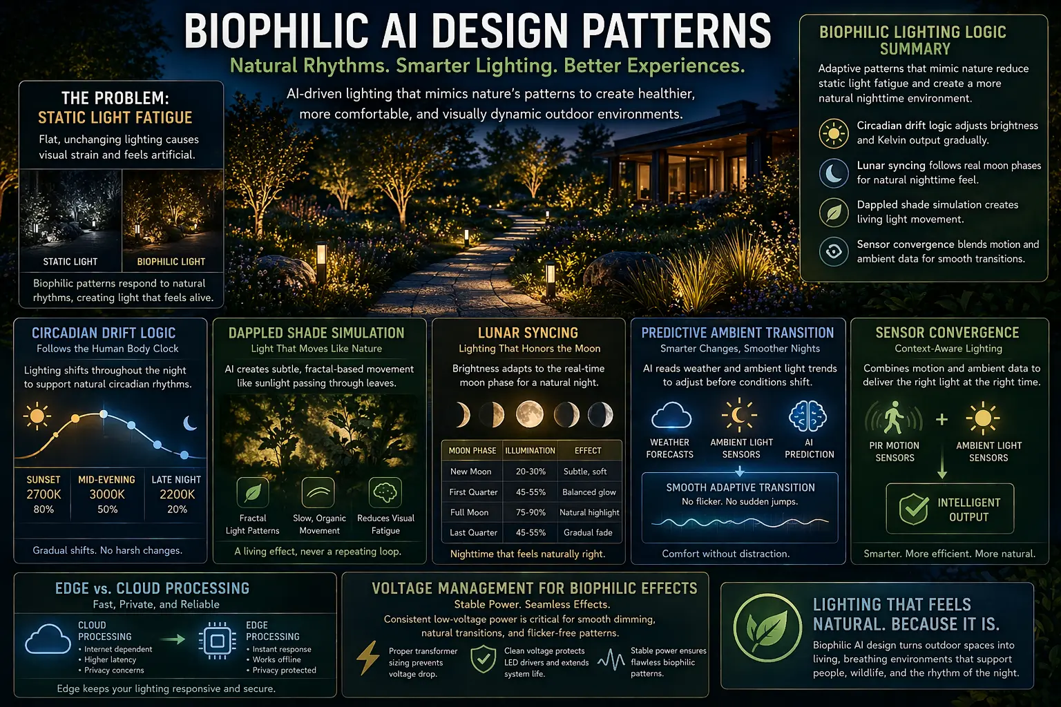 Biophilic AI outdoor lighting showing natural rhythmic lighting patterns across a landscape