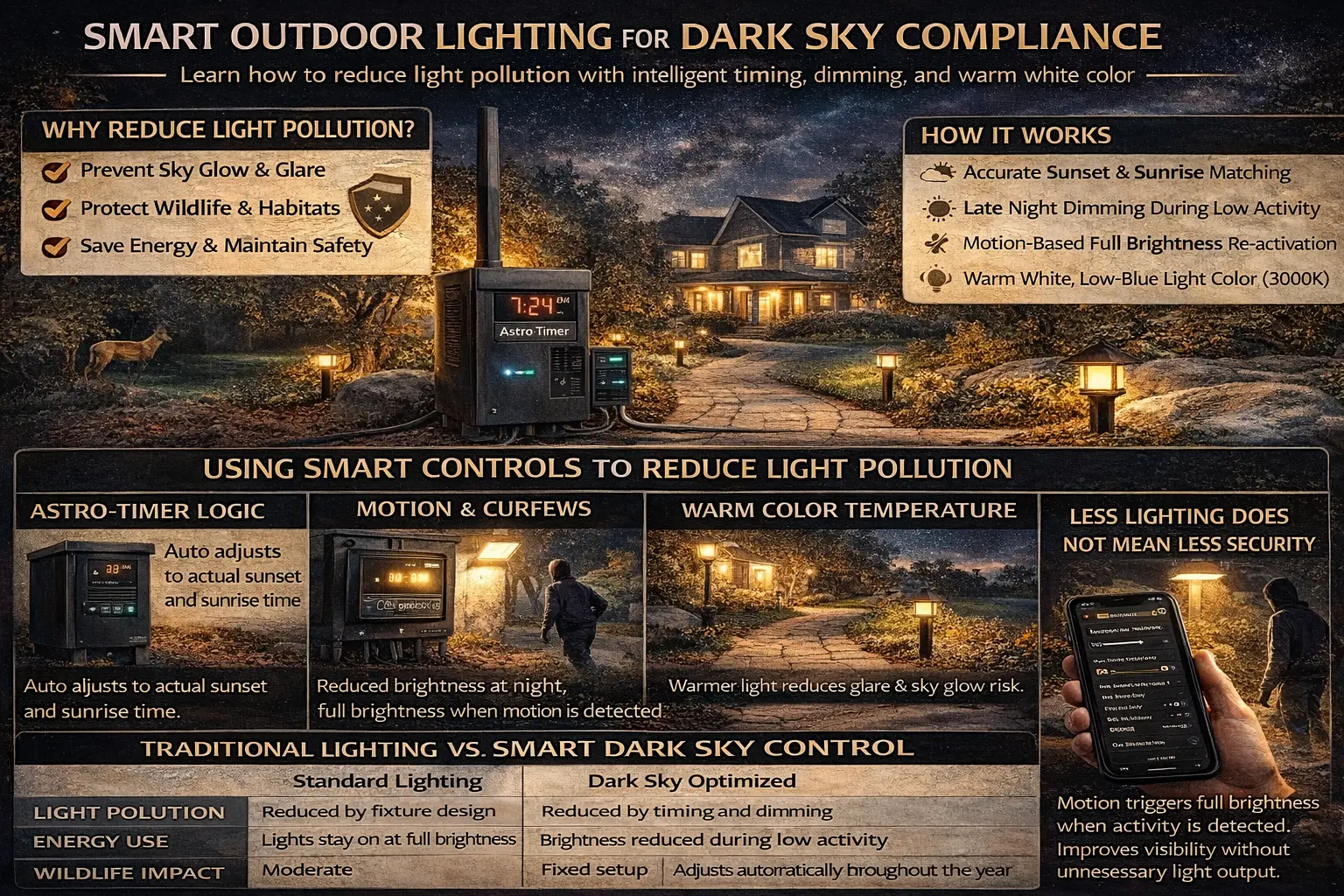 Dark Sky outdoor lighting automation showing dimming, motion activation, and warm light control