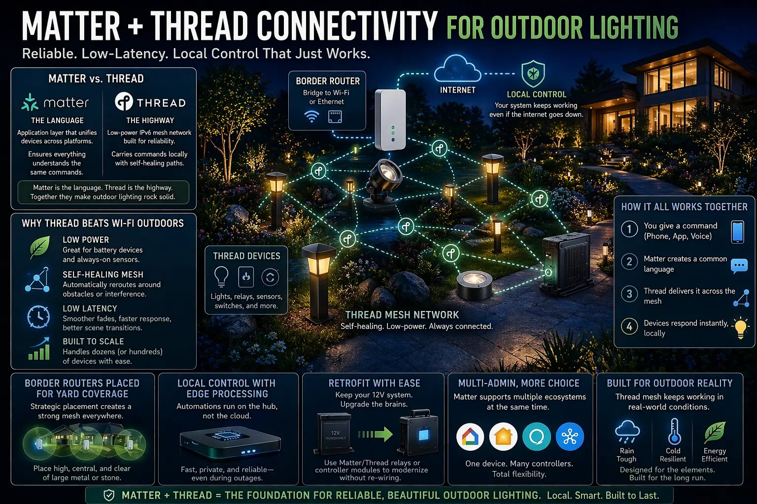 Matter and Thread connectivity diagram for outdoor lighting showing Border Router and local mesh communication