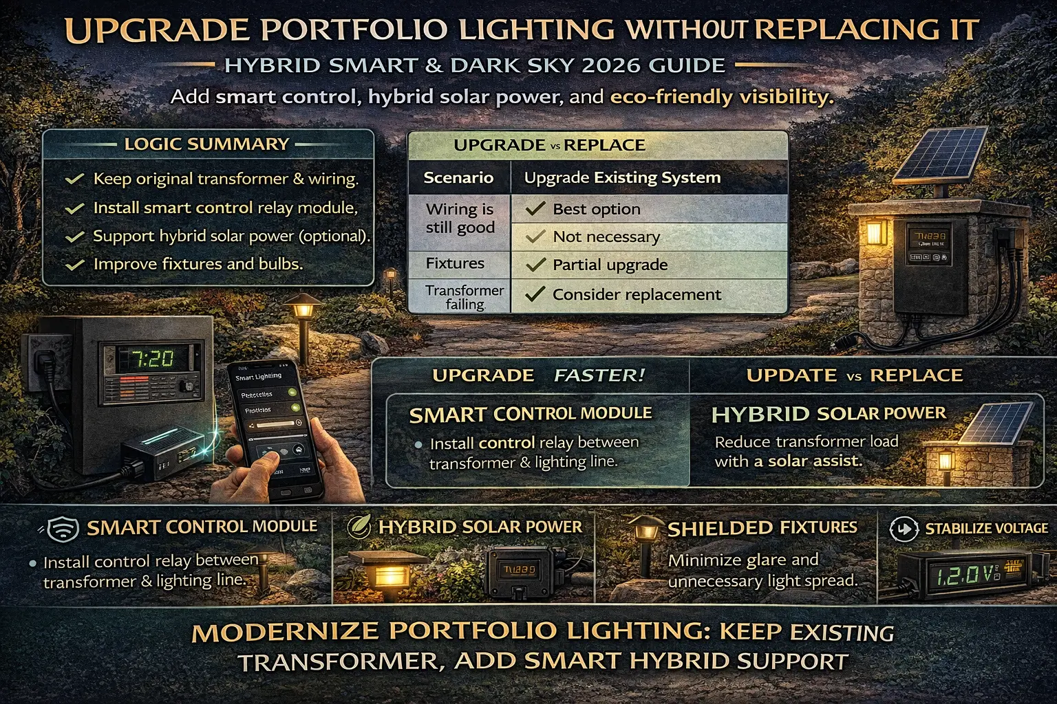 Portfolio lighting smart hybrid upgrade guide showing transformer retrofit, smart relay control, improved bulbs, and lower-glare outdoor lighting upgrades