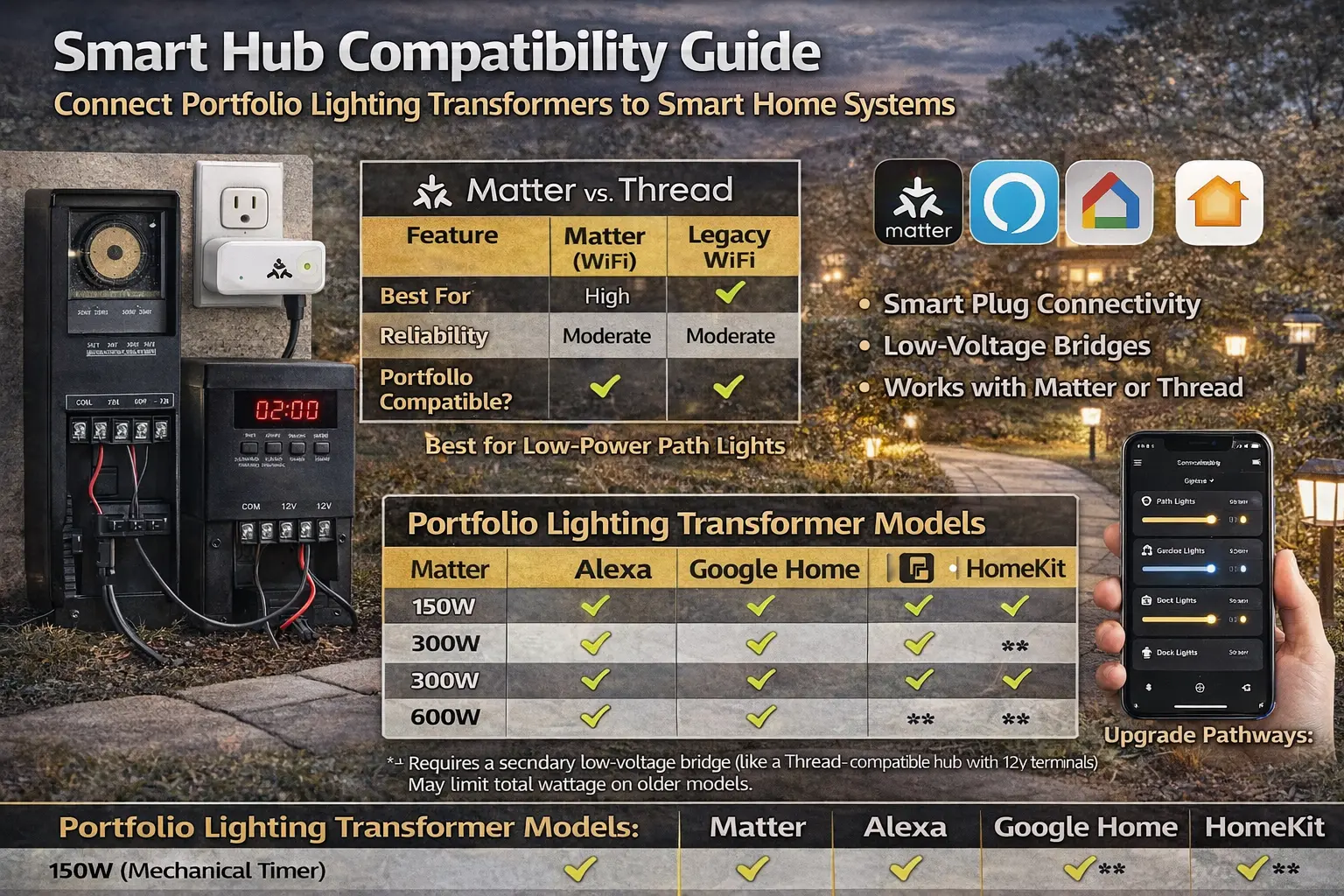 Smart hub compatibility guide for connecting Portfolio lighting transformers to Matter, Alexa, Google Home, and HomeKit systems