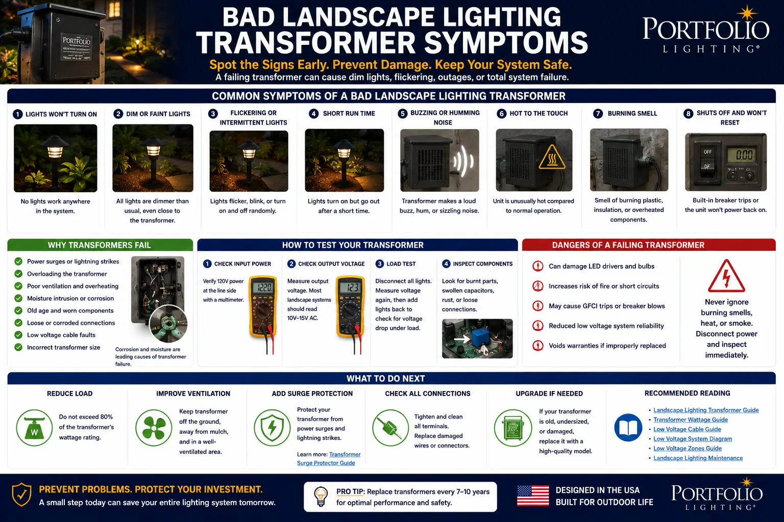 Bad landscape lighting transformer symptoms guide showing buzzing, overheating, voltage drop, GFCI trips, shutdown behavior, load testing and repair or replace decisions