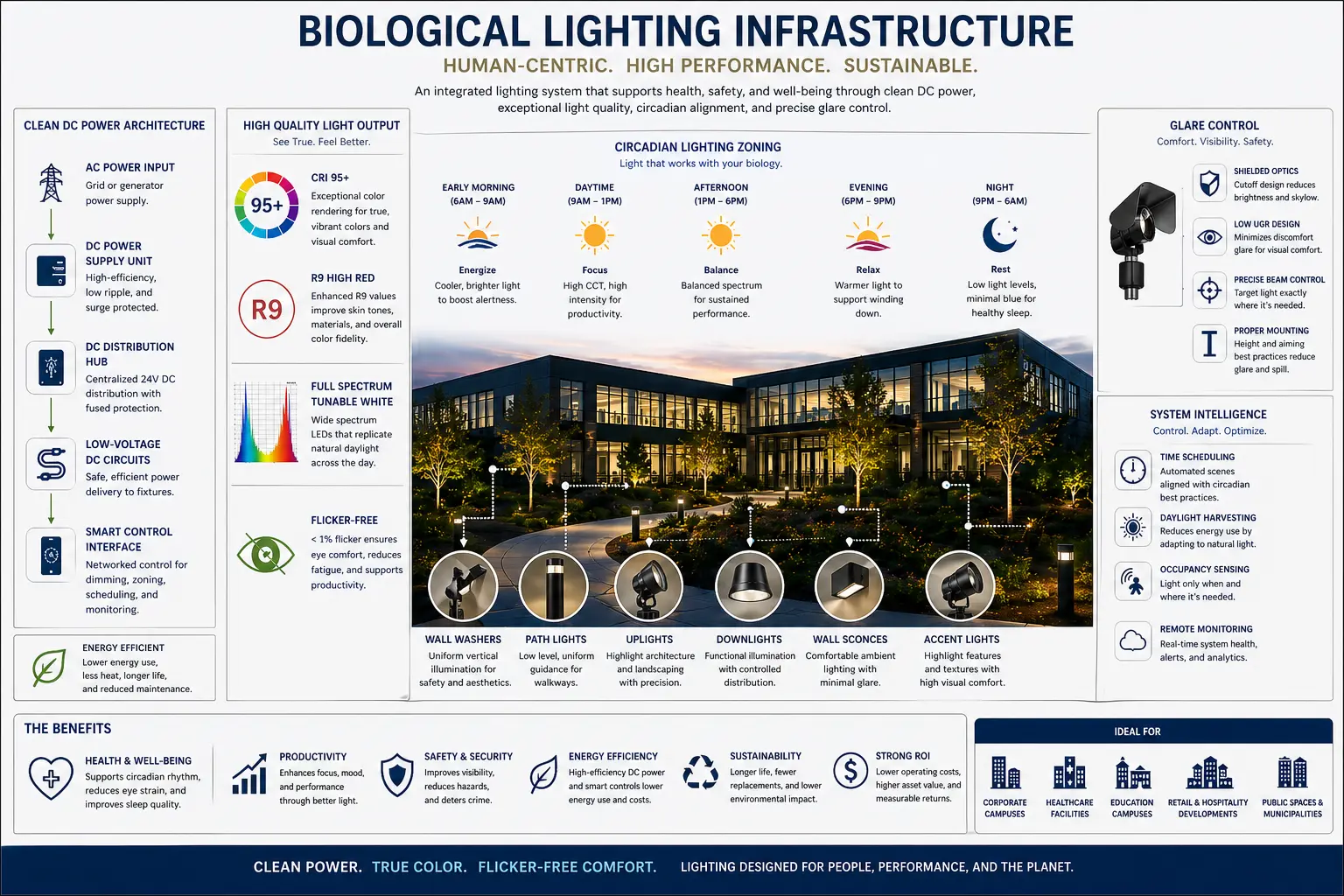 Biological lighting infrastructure diagram showing clean DC power CRI 95 R9 spectrum flicker-free transformer circadian zoning and glare control