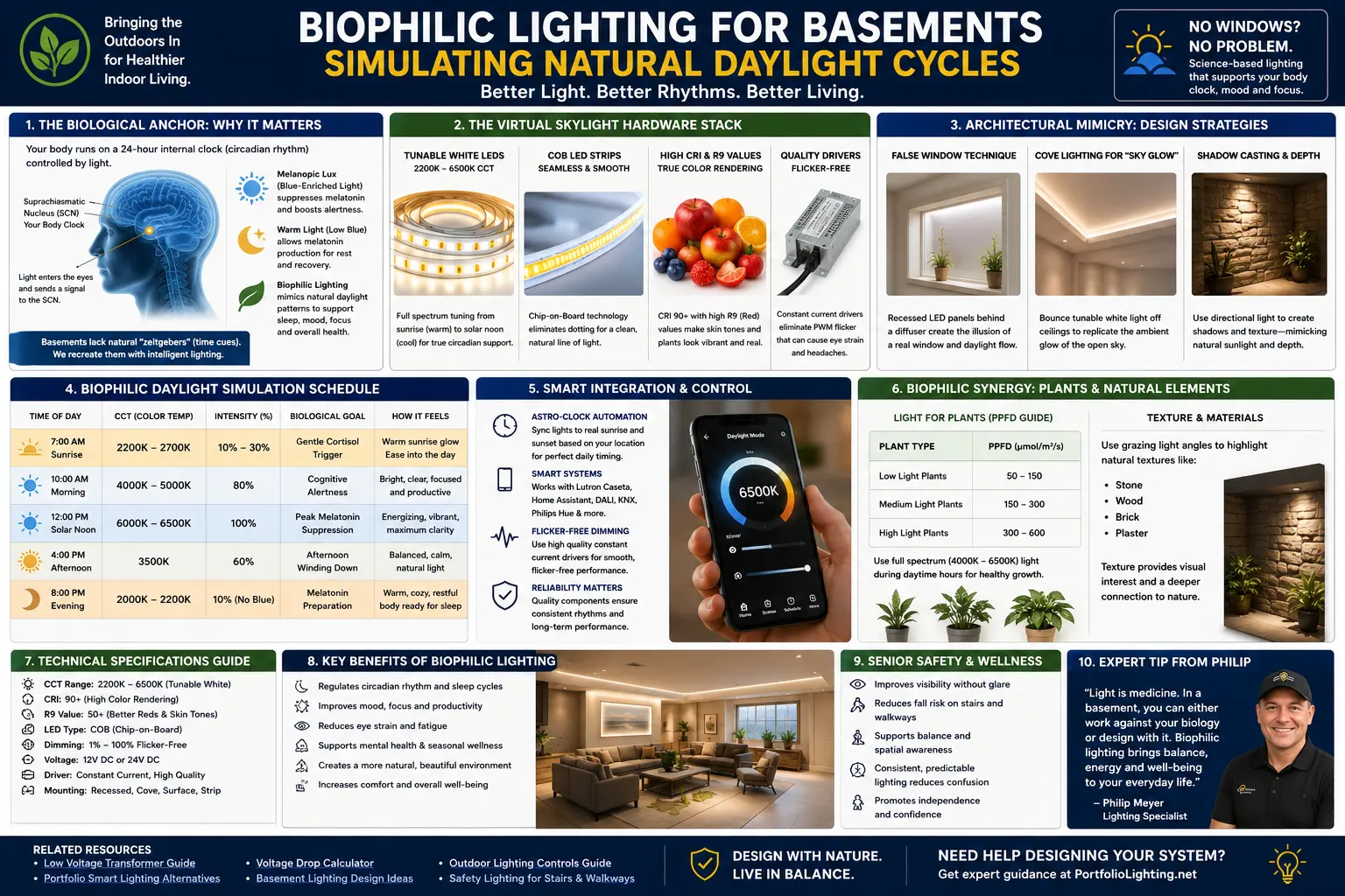 Biophilic lighting for basements simulating natural daylight cycles with tunable white LED strips false window cove lighting and circadian schedule