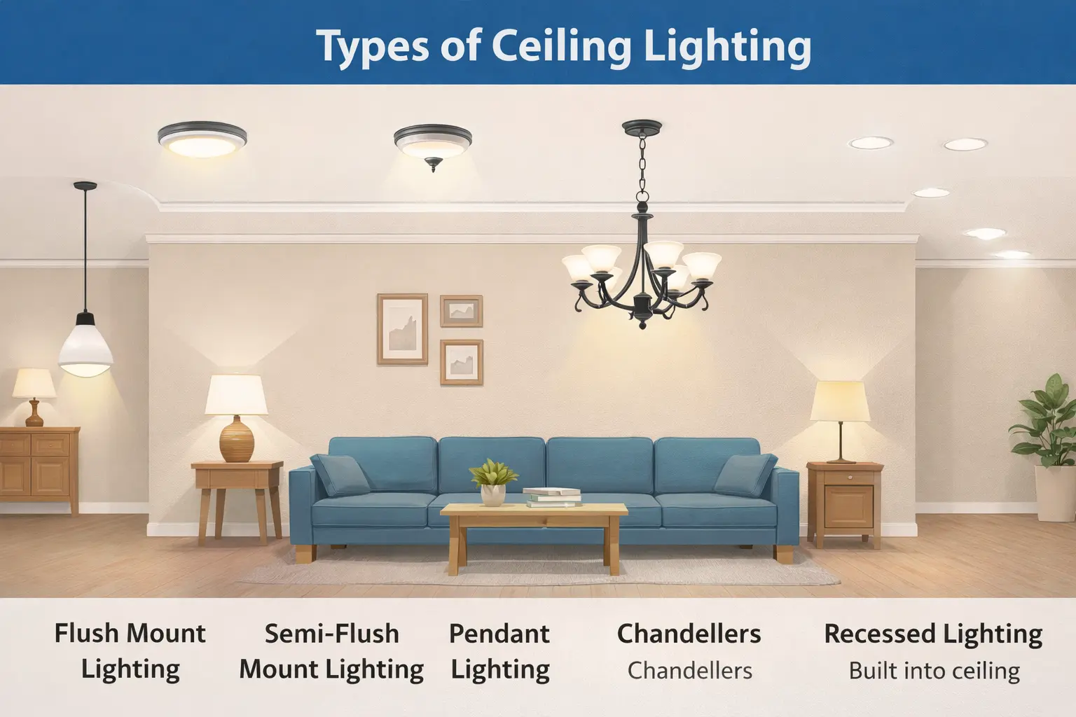 diagram showing types of ceiling lighting fixtures in a room