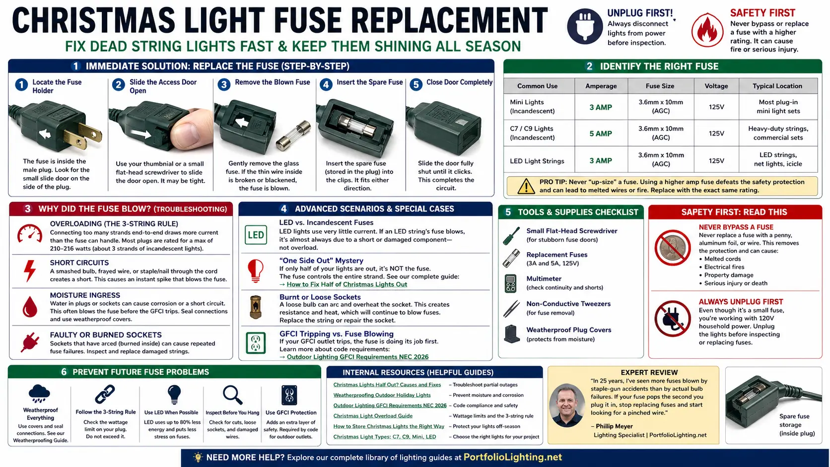 Christmas light fuse replacement diagram showing plug fuse door, glass fuse, spare fuse, and safe unplug-first steps