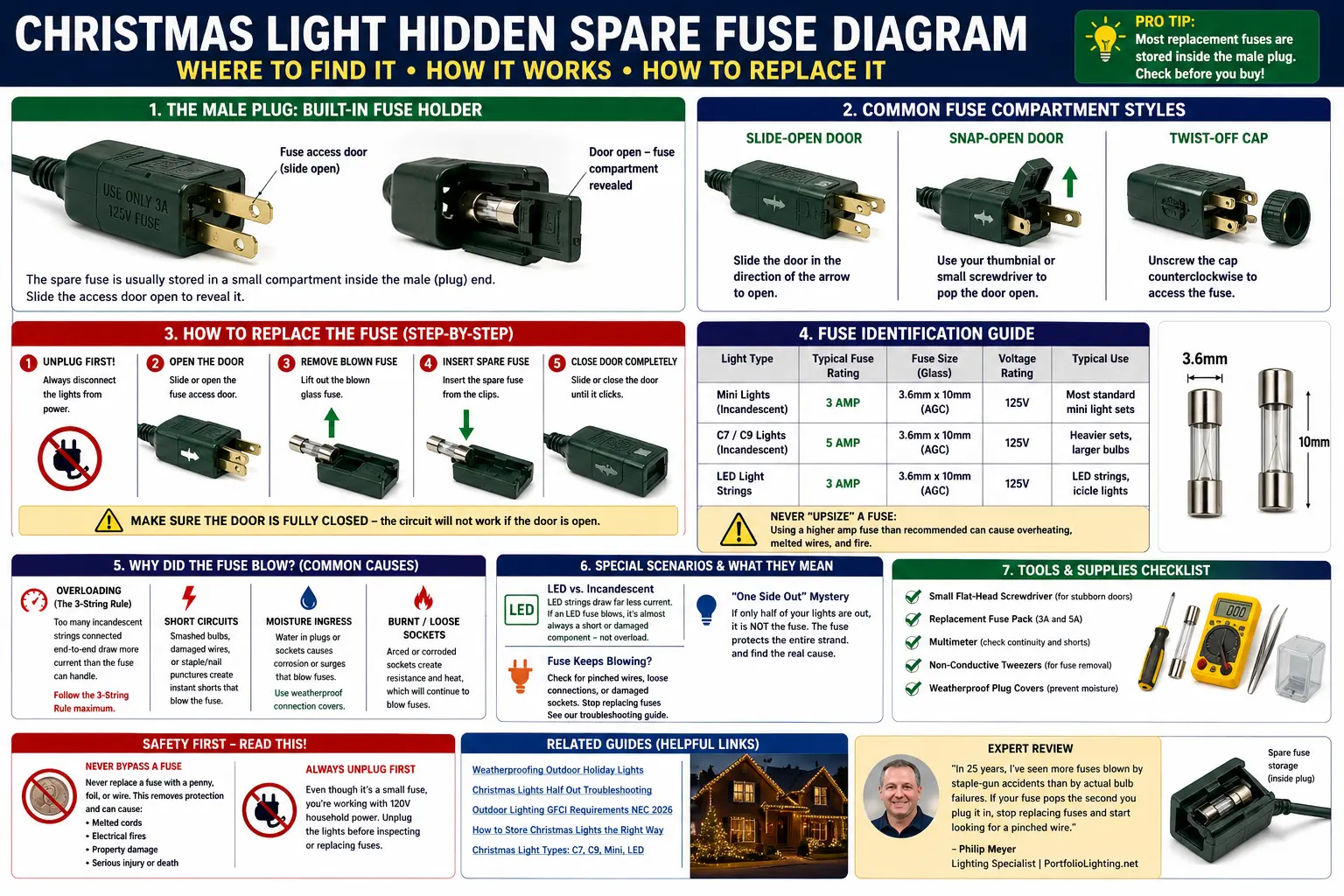 Diagram showing the hidden spare fuse inside a Christmas light plug fuse door