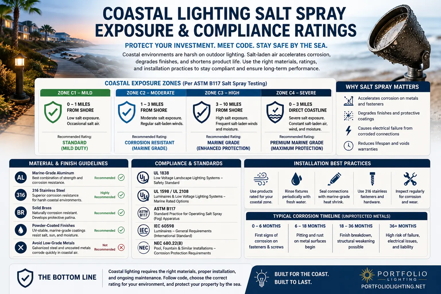 Coastal landscape lighting salt spray compliance ratings IP66 NEMA 4X ASTM B117 marine grade corrosion resistance beachfront outdoor fixtures