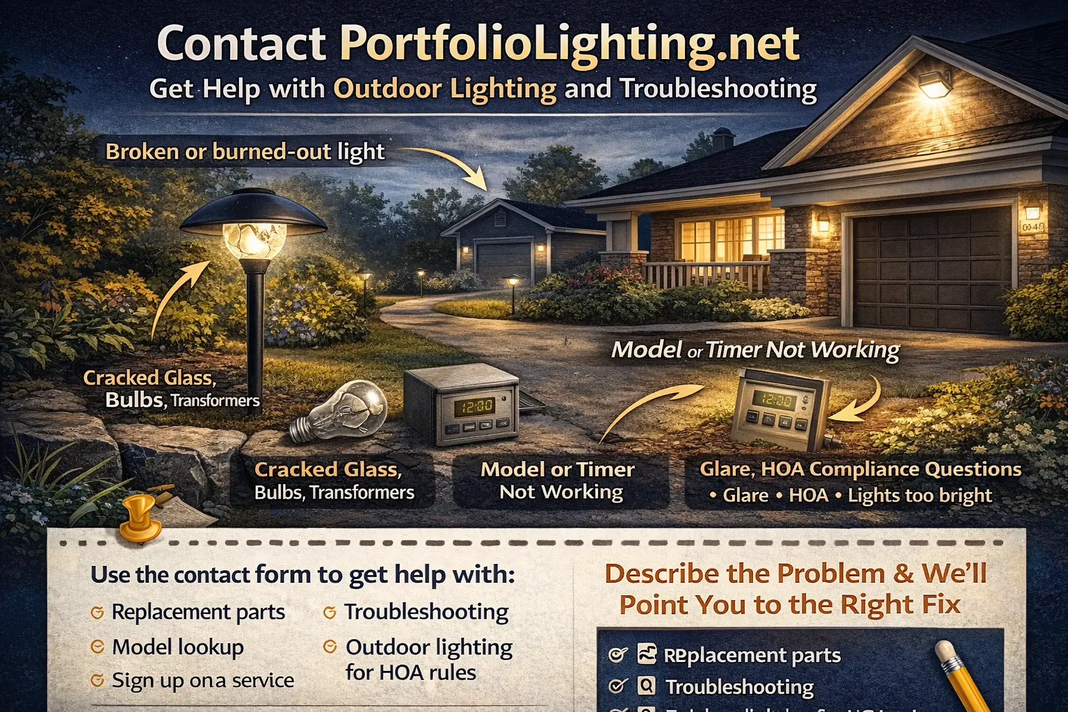 Contact PortfolioLighting.net for replacement parts, troubleshooting, and outdoor lighting help