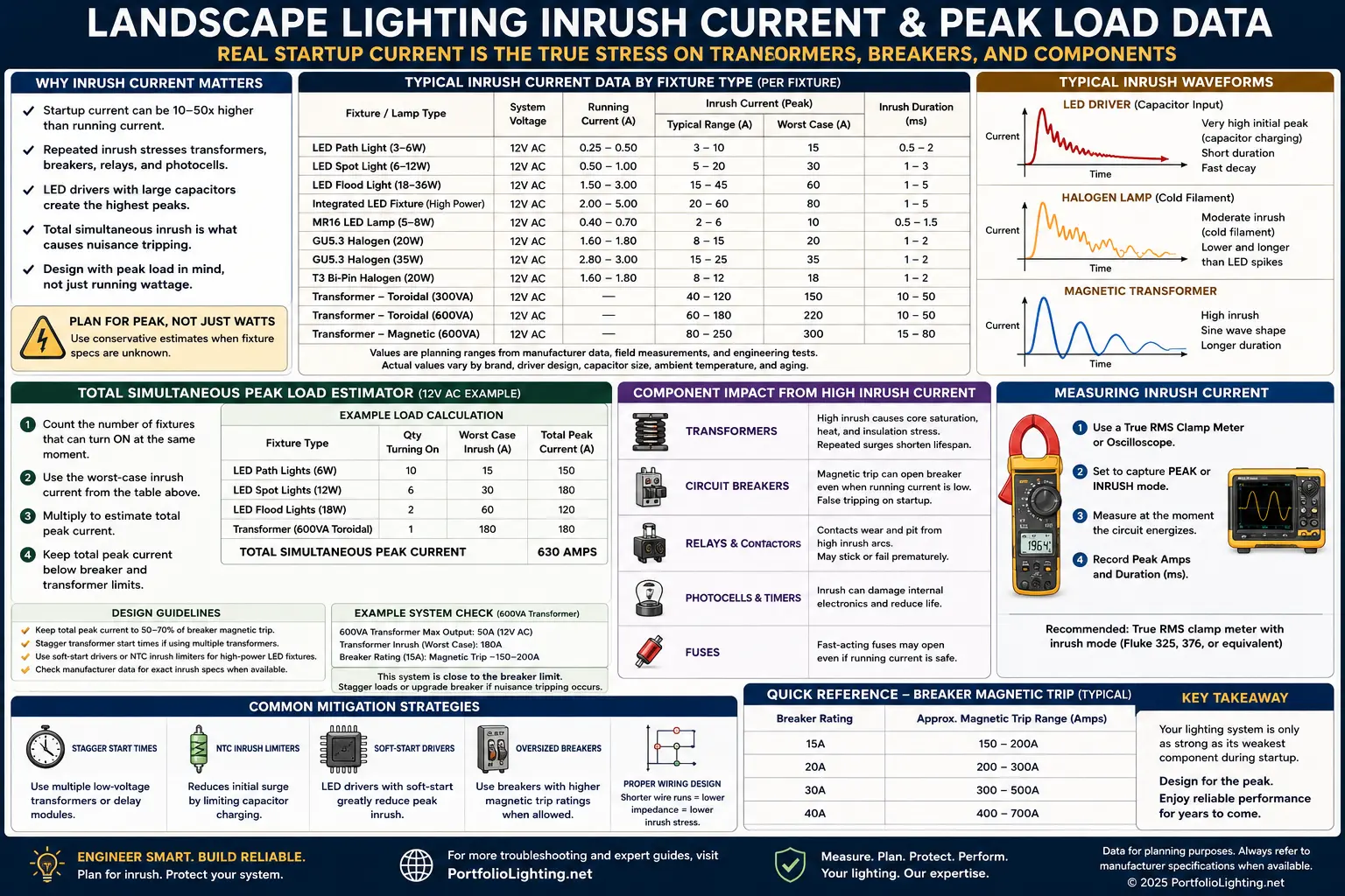 Landscape lighting inrush current waveform database showing LED driver, halogen and transformer startup peaks
