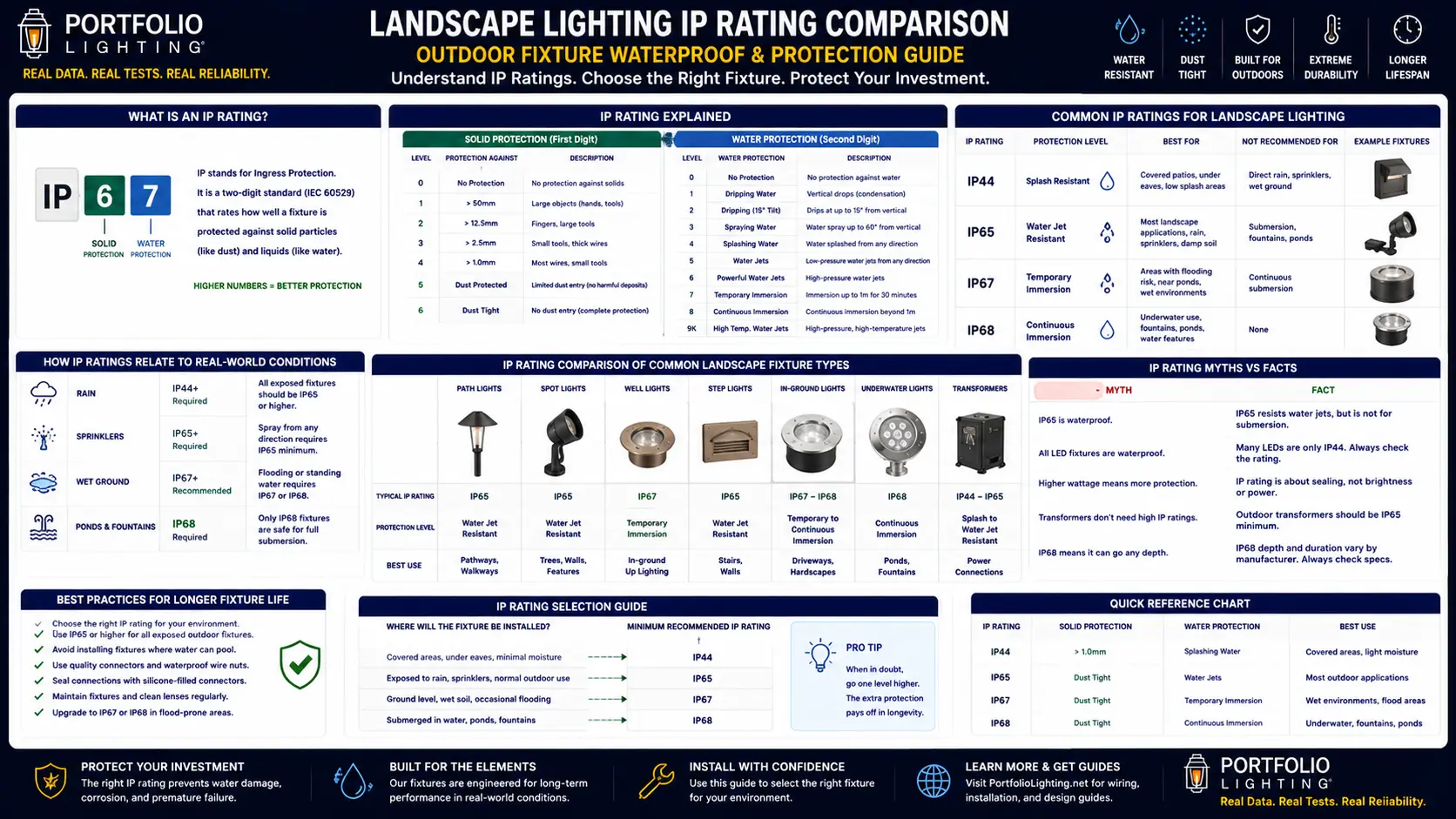 Landscape lighting IP rating comparison guide showing what IP65 IP44 and IP67 protection ratings mean for outdoor landscape lighting fixtures in rain coastal and submersion conditions