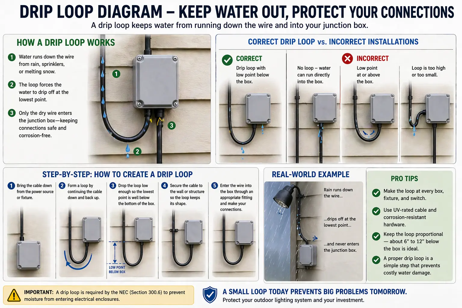Example of a drip loop on outdoor wiring entering a junction box to prevent water intrusion