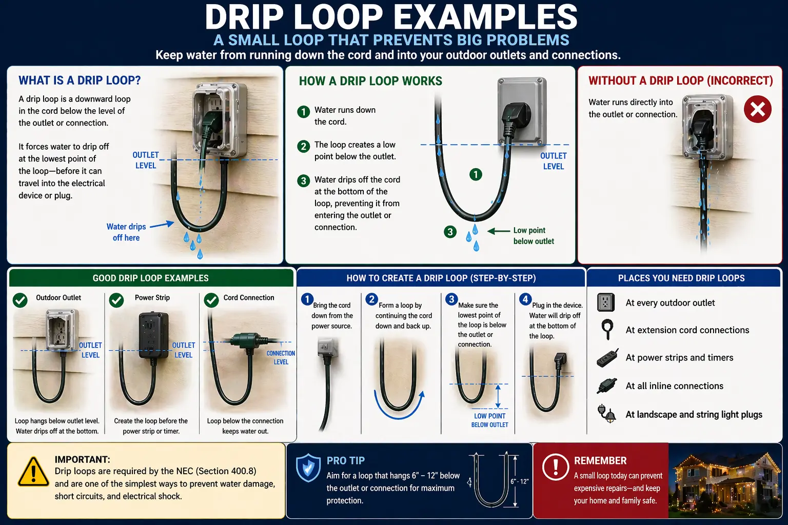 Outdoor wiring drip loop example preventing water from entering a junction box