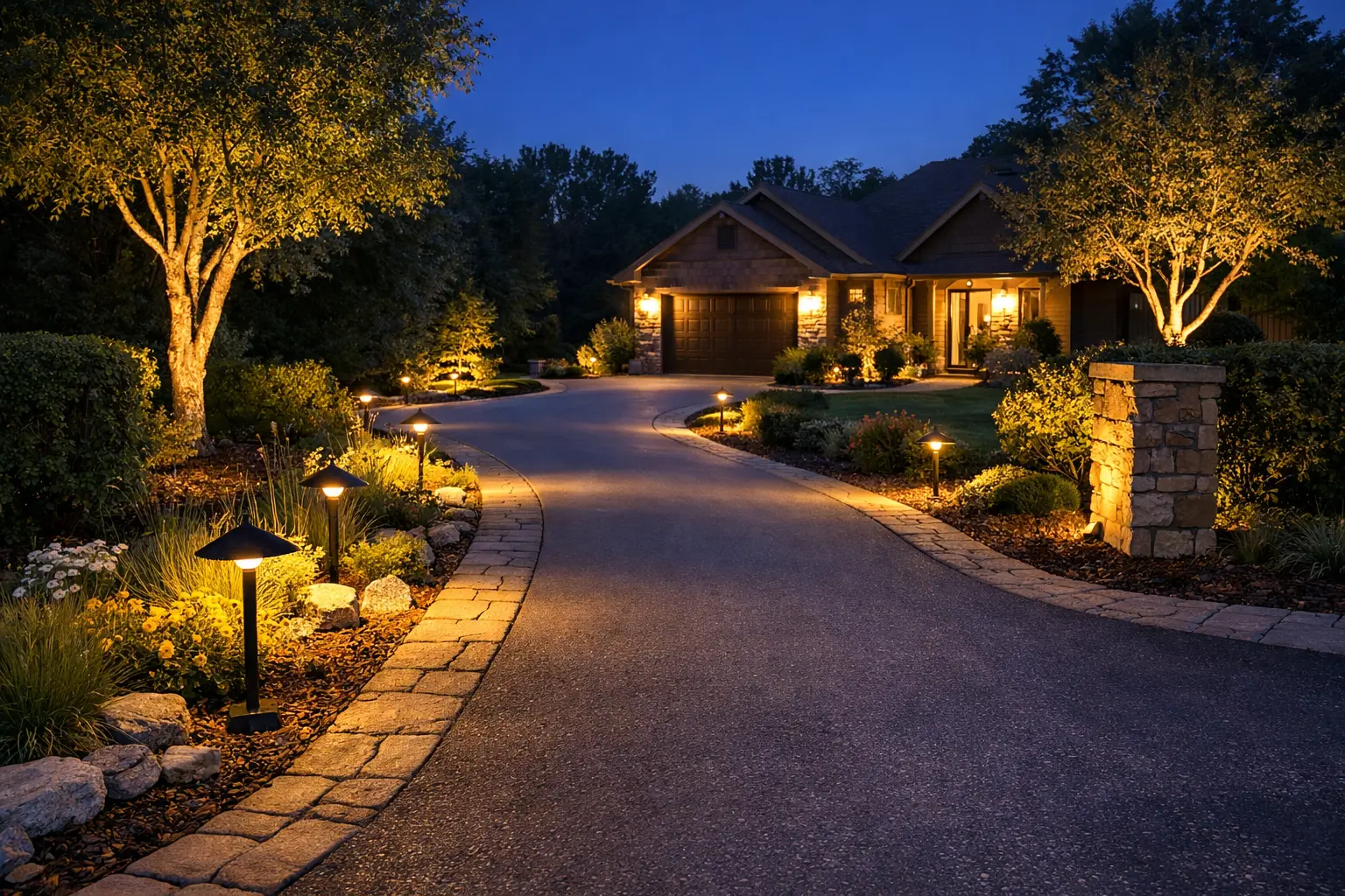Wide driveway landscape lighting hero image with path lights, soft accent lighting, and a well-lit residential driveway entrance