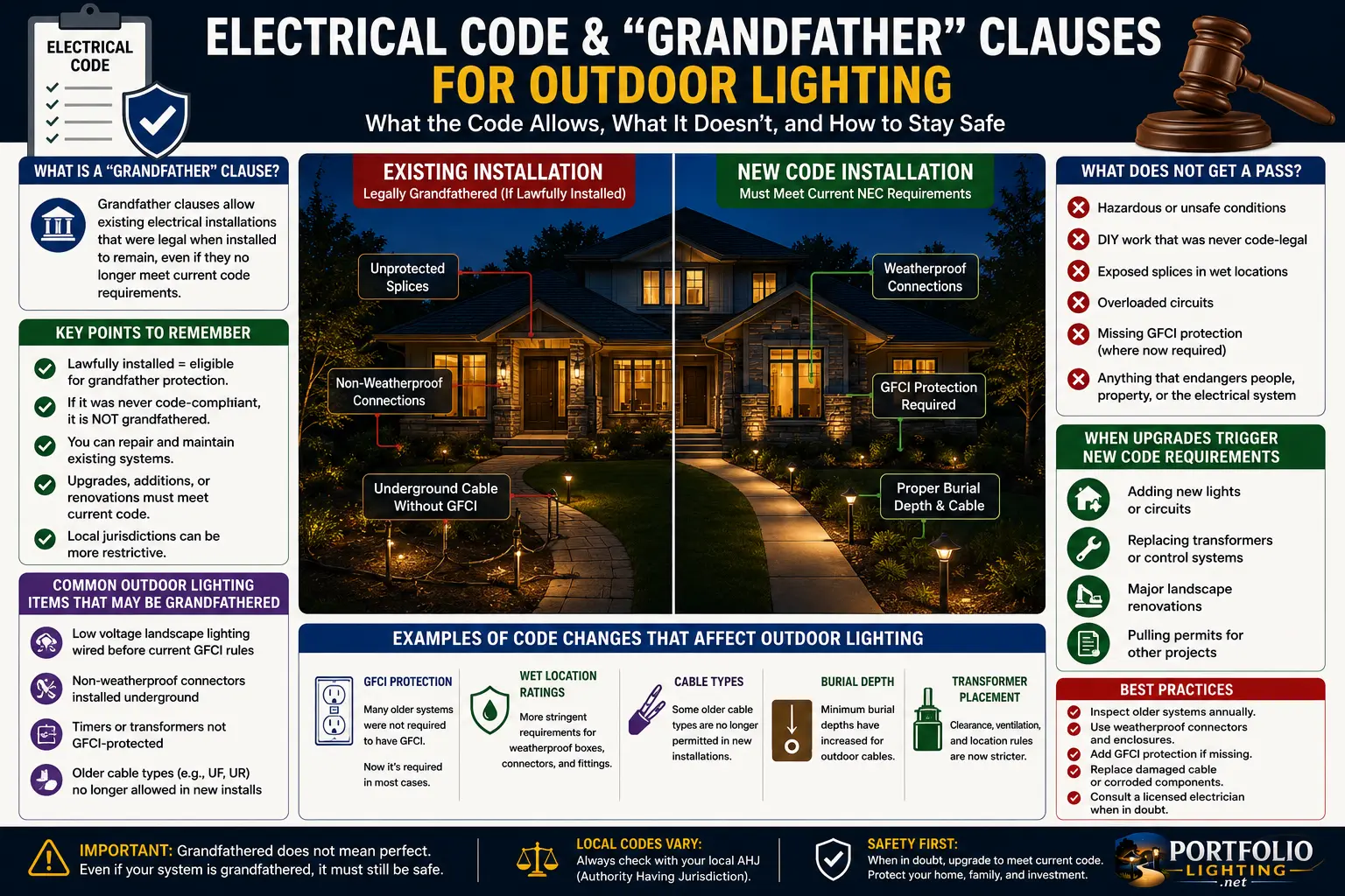 Electrical code grandfather clauses for outdoor lighting showing old fixtures GFCI upgrades junction boxes low voltage landscape lighting and safety repair decisions
