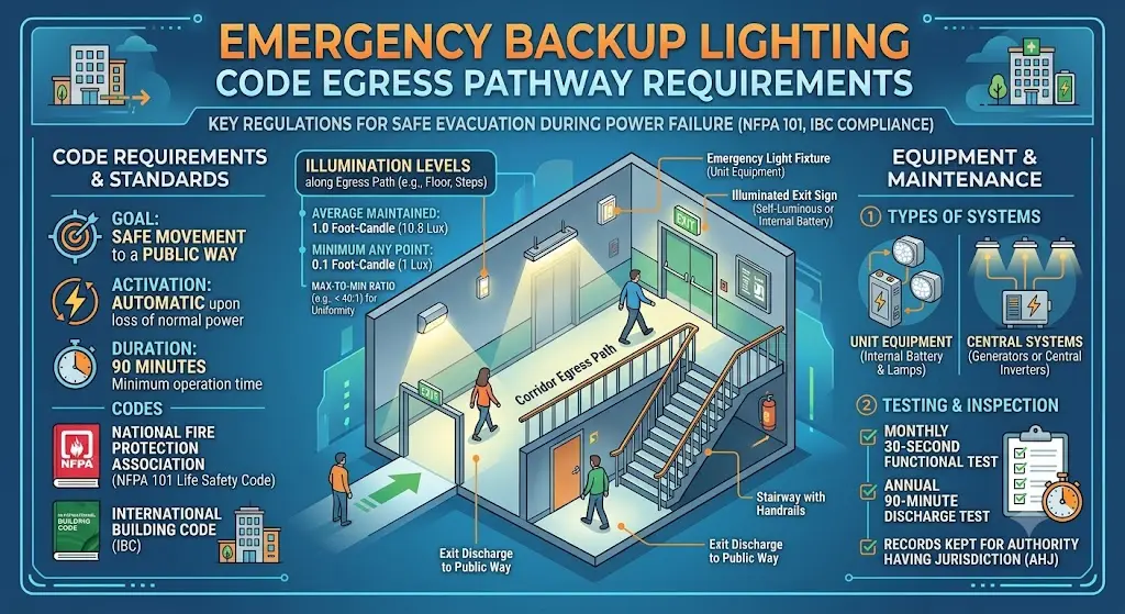 Emergency backup lighting code egress pathway requirements NEC 700 NFPA 101 IBC 1008 battery backup 90 minutes footcandle testing
