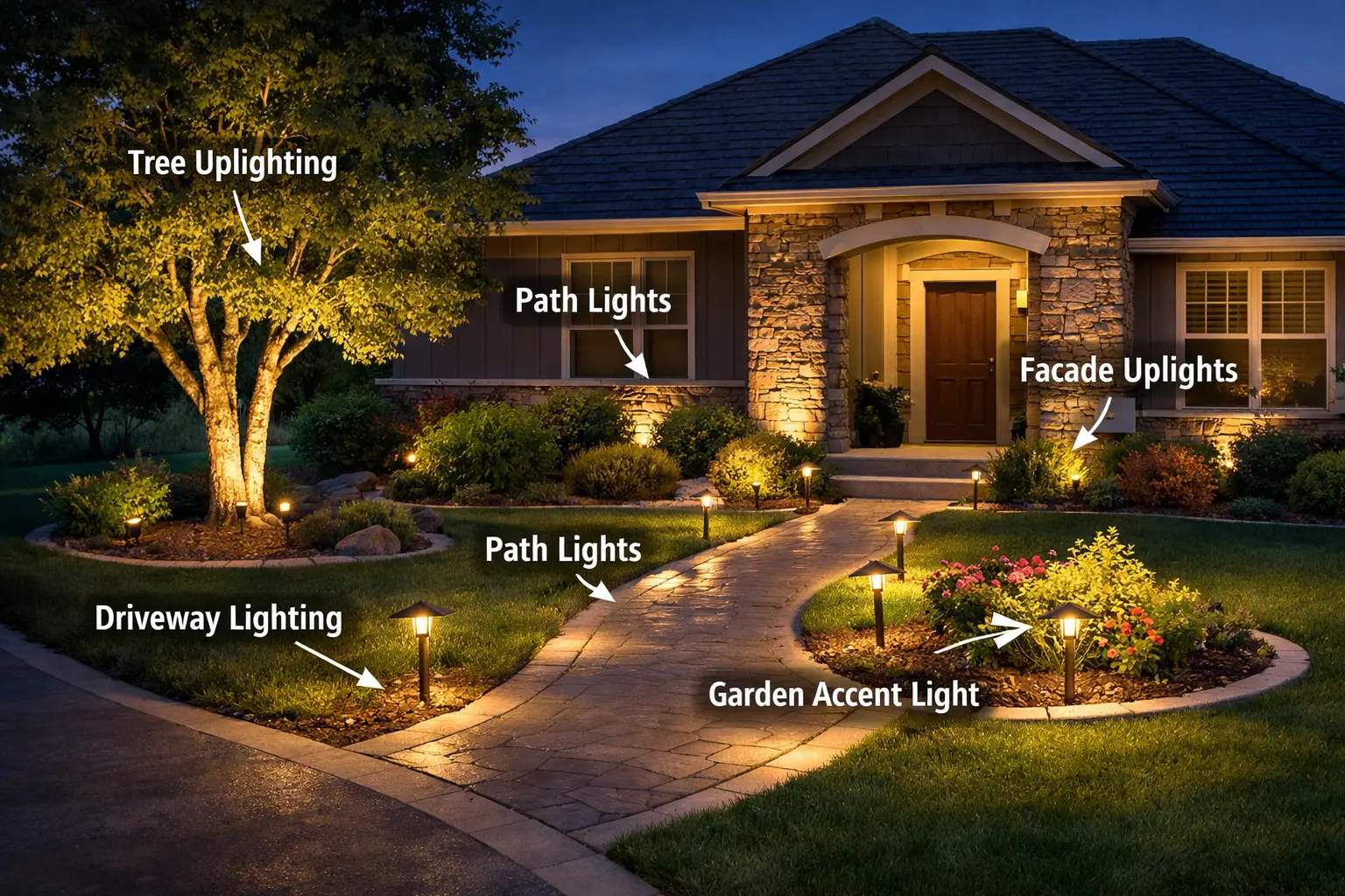 Front yard landscape lighting design layout showing path lights tree uplighting and house accent lighting