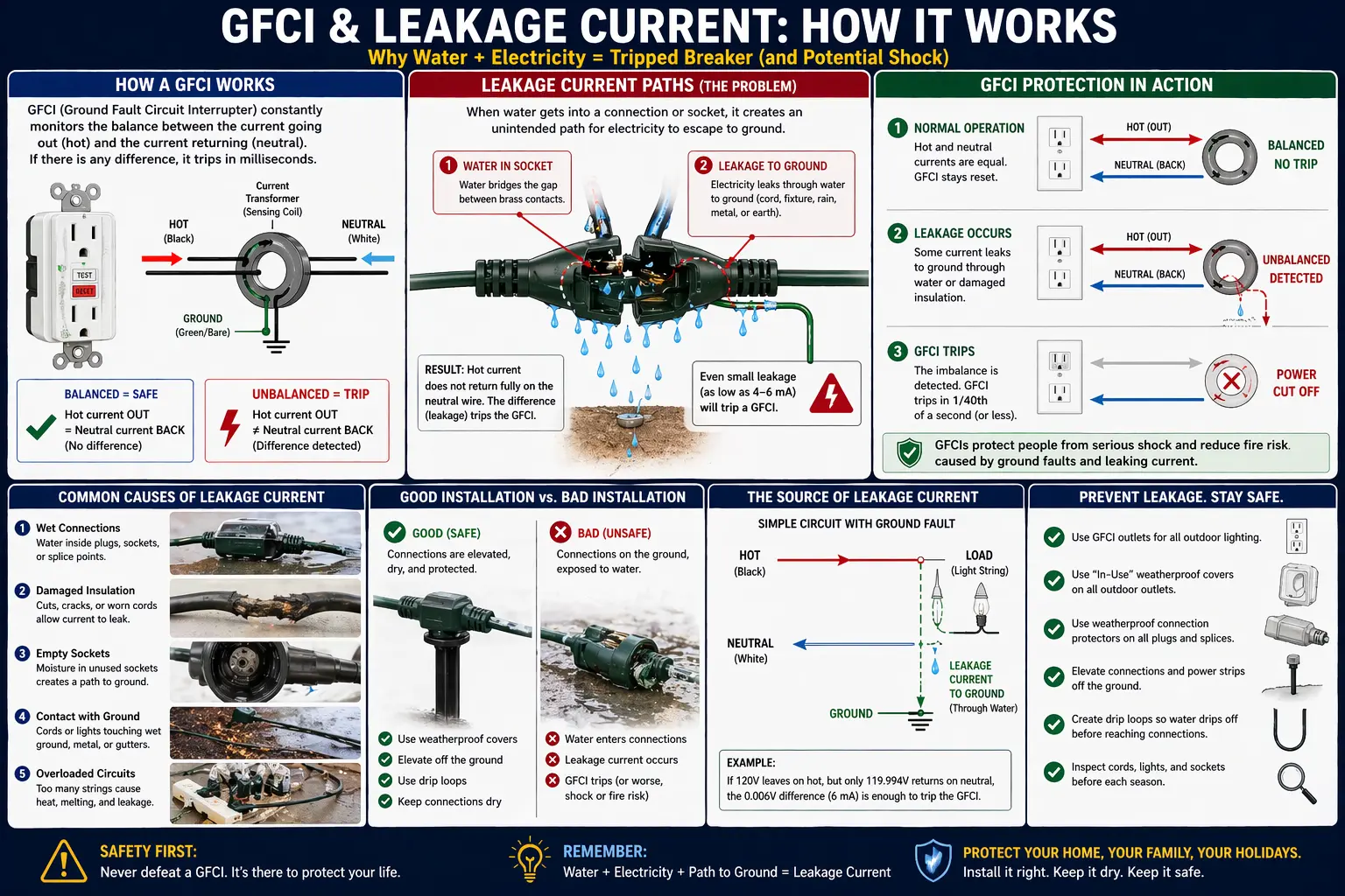 Diagram showing water intrusion causing leakage current and tripping a GFCI outlet in outdoor lighting