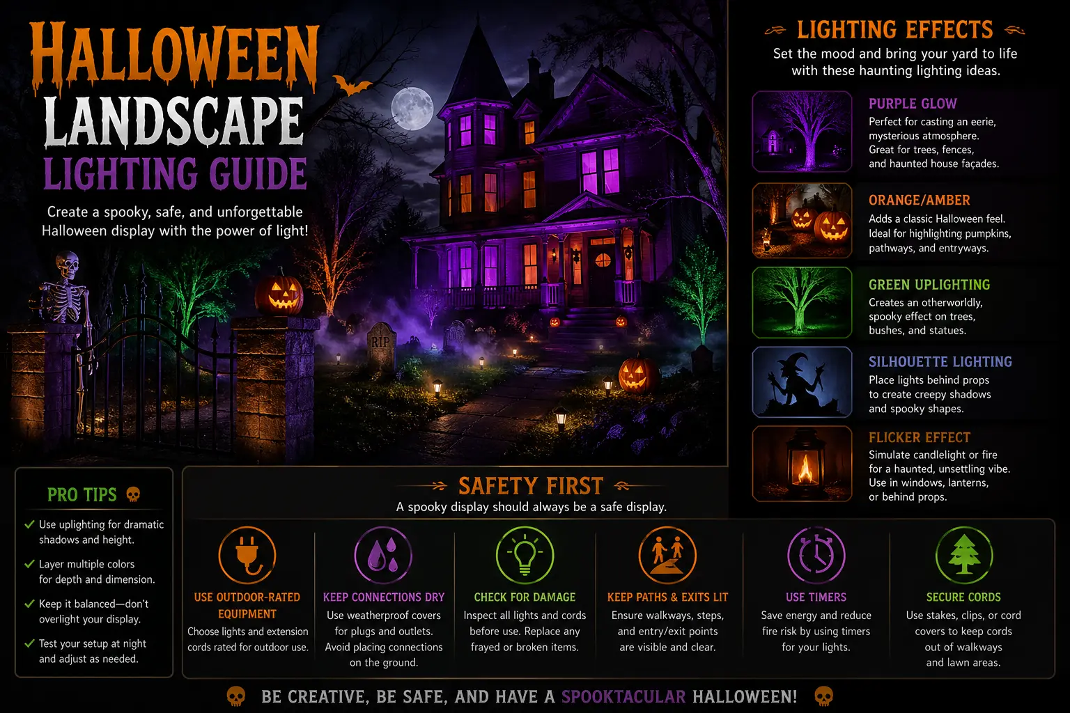 Halloween landscape lighting guide showing silhouette lighting fog effects GFCI safety smart plugs motion triggers and Portfolio transformer load planning