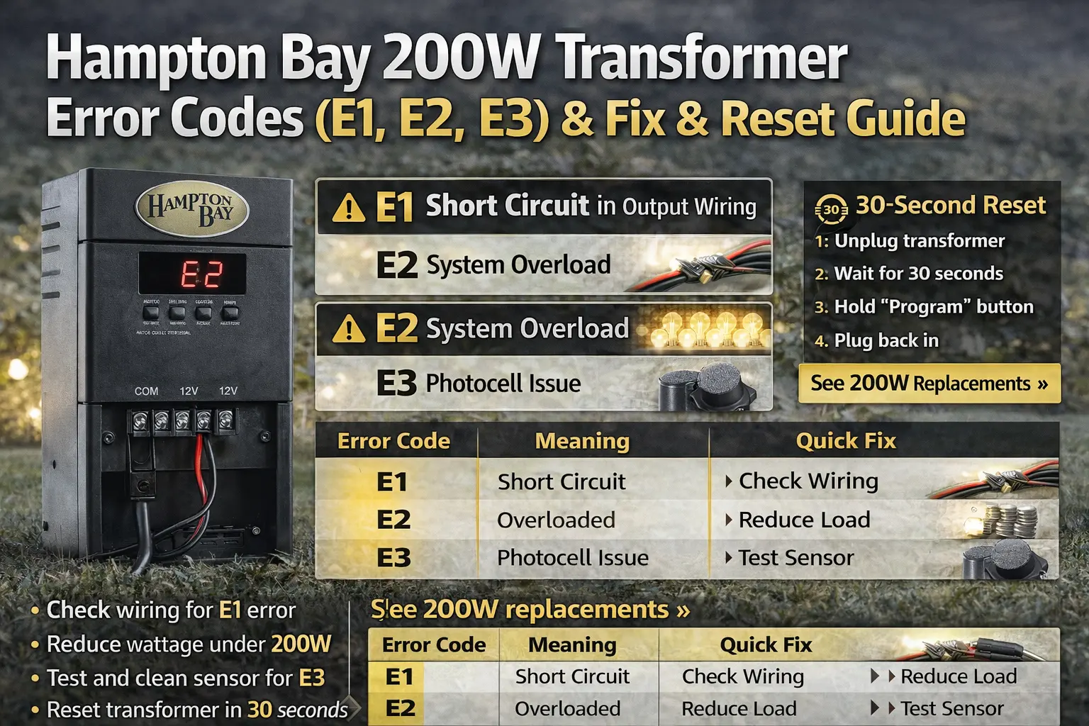Hampton Bay 200 watt transformer error codes E1 E2 E3 troubleshooting chart