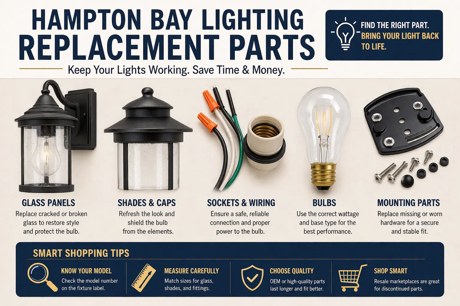 Hampton Bay lighting replacement parts for transformers, glass shades, bulbs, stakes, connectors, and outdoor fixtures