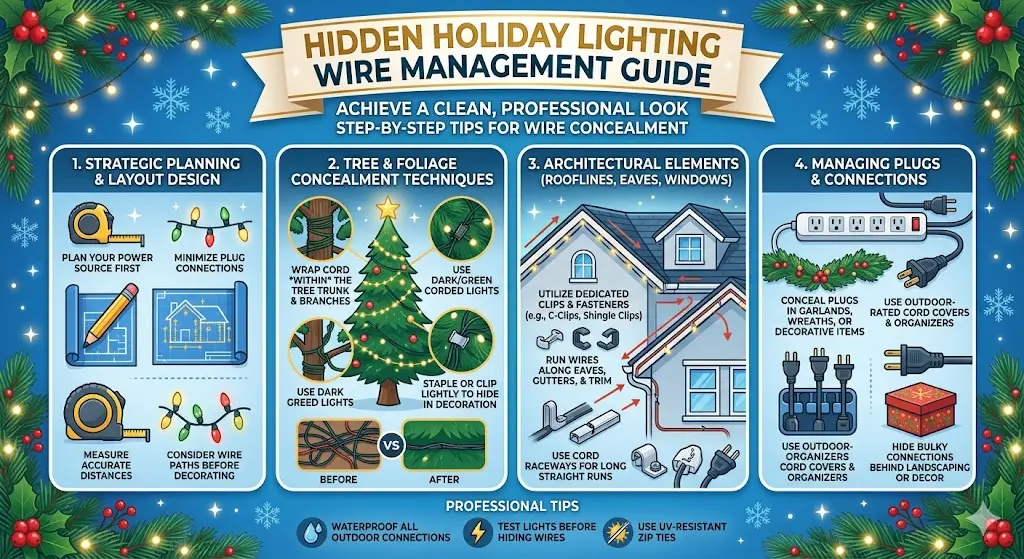 Hidden holiday lighting wire management professional SPT wire vampire plug gutter routing surface concealment circuit capacity GFCI drip loop storage system